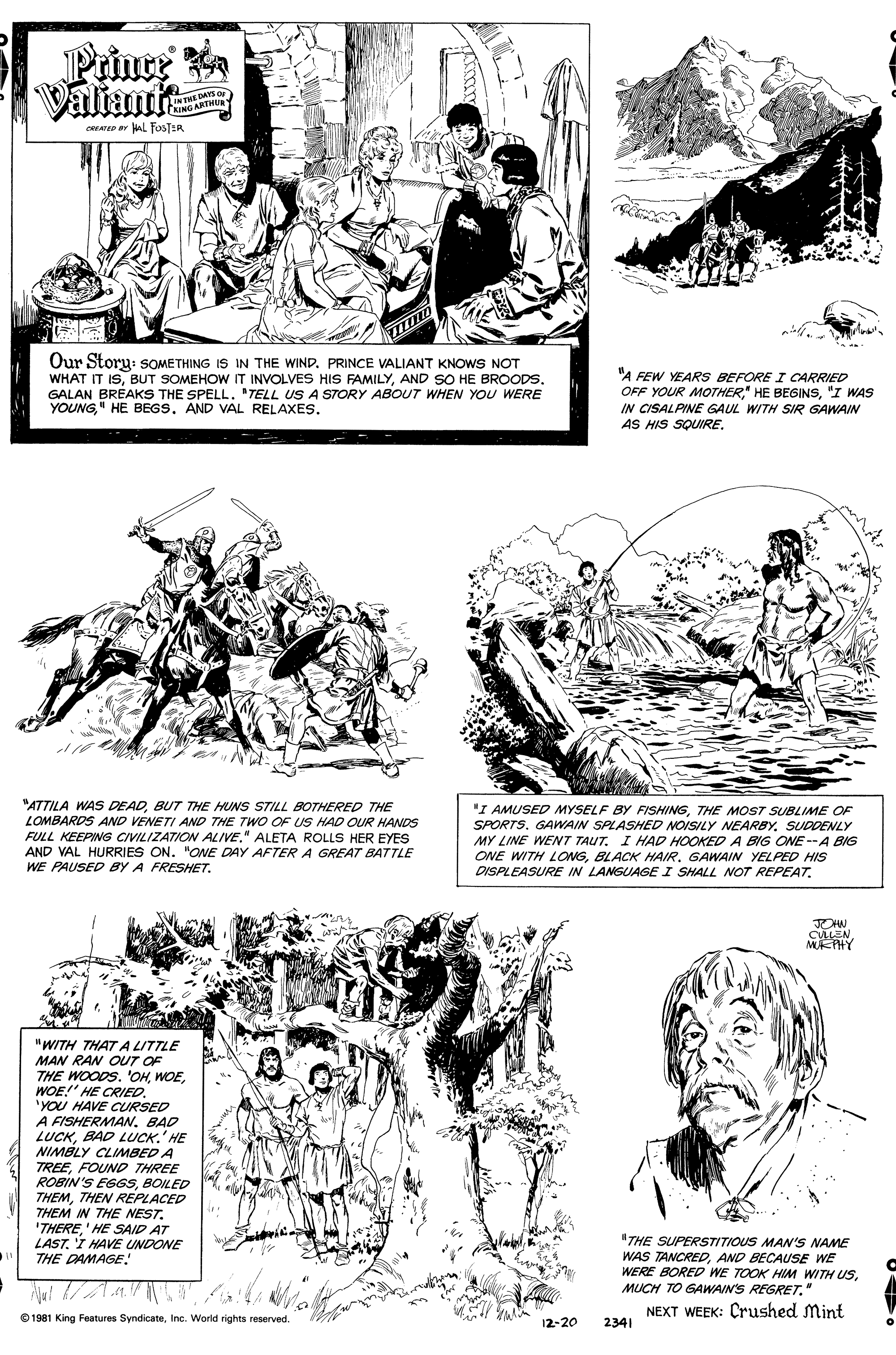 Line OCR: Prince Valiant CREATED Br AL FOSTER Our Story: SOMETHING IS IN THE WIND. PRINCE VALIANT KNOWS NOT WHAT IT ISAND SO HE BROODS. GALAN BREAKS THE SPELL. 'TELL US A S7TORY ABOUT WHEN YOU WERE YOUNG" HE BEGS. AND VAL RELAXES. "A FEW YEARS BEFORE I CARRIED OFF YOUR MOTHER"I WAS IN CISALPINE GAUL WITH SIR GAWAIN AS HIS SQUIRE. "ATTILA WAS DEADBUT THE HUNS STILL BOTHERED THE LOMBARDS AND VENETI AND THE TWO OF US HAD OUR HANDS FULL KEEPING CIVILIZATION ALIVE." ALETA ROLLS HER EYES AND VAL HURRIES ON. "ONE DAY AFTER A GREAT BATTLE WE PAUSED BY A FRESHET. "I AMUSED MYSELF BY FISHINGTHE MOST SUBLIME OF SPORTS. GAWAIN SPLASHED NOISILY NEARBY. SUDDENLY MY LINE WENT TAUT. I HAD HOOKED A BIG ONE --A BIG ONE WITH LONGGAWAIN YELPED HIS DISPLEASURE IN LANGUAGE I SHALL NOT REPEAT. TOHN CLEN MERIY "WITH THATA LITTLE MAN RAN OUT OF THE WOODS. 'OHWOE!' HE CRIED. 'YOU HAVE CURSED A FISHERMAN. BAD LUCKBAD LUCK.' HE NIMBLY CLIMBED A TREEFOUND THREE ROBIN'S EGGSBOILED THEMTHEN REPLACED THEM IN THE NEST. 'THERE' HE SAID AT LAST. I HAVE UNDONE THE DAMAGE! "THE SUPERSTITIOUS MAN'S NAME WAS TANCREDAND BECAUSE WE WERE BORED WE TOOK HIM WITH USMUCH TO GAWAIN'S REGRET." NEXT WEEK: Crushed Mint 0 1981 King Features SyndicateInc. World rights reserved. 12-20 2341 Prince Valiant CREATED Br AL FOSTER Our Story: SOMETHING IS IN THE WIND. PRINCE VALIANT KNOWS NOT WHAT IT ISBUT SOMEHOW IT INVOLVES HIS FAMILYAND SO HE BROODS. GALAN BREAKS THE SPELL. 'TELL US A S7TORY ABOUT WHEN YOU WERE YOUNG" HE BEGS. AND VAL RELAXES. "A FEW YEARS BEFORE I CARRIED OFF YOUR MOTHER" HE BEGINS"I WAS IN CISALPINE GAUL WITH SIR GAWAIN AS HIS SQUIRE. "ATTILA WAS DEADBUT THE HUNS STILL BOTHERED THE LOMBARDS AND VENETI AND THE TWO OF US HAD OUR HANDS FULL KEEPING CIVILIZATION ALIVE." ALETA ROLLS HER EYES AND VAL HURRIES ON. "ONE DAY AFTER A GREAT BATTLE WE PAUSED BY A FRESHET. "I AMUSED MYSELF BY FISHINGTHE MOST SUBLIME OF SPORTS. GAWAIN SPLASHED NOISILY NEARBY. SUDDENLY MY LINE WENT TAUT. I HAD HOOKED A BIG ONE --A BIG ONE WITH LONGBLACK HAIRGAWAIN YELPED HIS DISPLEASURE IN LANGUAGE I SHALL NOT REPEAT. TOHN CLEN MERIY "WITH THATA LITTLE MAN RAN OUT OF THE WOODS. 'OHWOE!' HE CRIED. 'YOU HAVE CURSED A FISHERMAN. BAD LUCKBAD LUCK.' HE NIMBLY CLIMBED A TREEFOUND THREE ROBIN'S EGGSBOILED THEMTHEN REPLACED THEM IN THE NEST. 'THERE' HE SAID AT LAST. I HAVE UNDONE THE DAMAGE! "THE SUPERSTITIOUS MAN'S NAME WAS TANCREDAND BECAUSE WE WERE BORED WE TOOK HIM WITH USMUCH TO GAWAIN'S REGRET." NEXT WEEK: Crushed Mint 0 1981 King Features SyndicateInc. World rights reserved. 12-20 2341