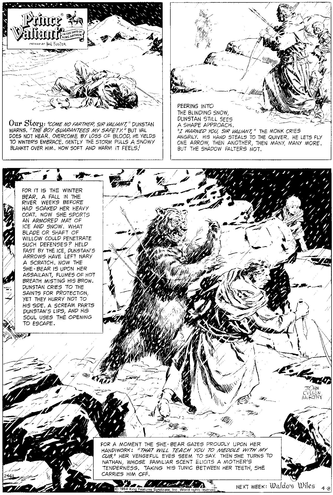 Drawing OCR: Prince Valianta CREATED BY HAL FOSTER IN THE DAYS OF KING ARTHUR Our Story: "COME NO FARTHER" DUNSTAN WARNS. "THE BOY GUARANTEES MY SAFETY." BUT VAL DOES NOT HEARHE YIELDS TO WINTER'S EMBRACE. GENTLY THE STORM PULLS A SNOWY BLANKET OVER HIM. HOW SOFT AND WARM IT FEELS! 2461 FOR IT IS THE WINTER BEAR. A FALL IN THE RIVER WEEKS BEFORE HAD SOAKED HER HEAVY COAT. NOW SHE SPORTS AN ARMORED MAT OF ICE AND SNOW. WHAT BLADE OR SHAFT OF WILLOW COULD PENETRATE SUCH DEFENSES? HELD FAST BY THE ICEDUNSTAN'S ARROWS HAVE LEFT NARY A SCRATCH. NOW THE SHE-BEAR IS UPON HER ASSAILANTFLUMES OF HOT BREATH MISTING HIS BROW. DUNSTAN CRIES TO THE SAINTS FOR PROTECTIONYET THEY HURRY NOT TO HIS SIDE. A SCREAM PARTS DUNSTAN'S LIPSAND HIS SOUL USES THE OPENING TO ESCAPE. 3 PEERING INTO THE BLINDING SNOWDUNSTAN STILL SEES A SHAPE APPROACH. "I WARNED YOU" THE MONK CRIES ANGRILY. HIS HAND STEALS TO THE QUIVER. HE LETS FLY ONE ARROWMANY MORE. BUT THE SHADOW FALTERS NOT. FOR A MOMENT THE SHE-BEAR GAZES PROUDLY UPON HER HANDIWORK: "THAT WILL TEACH YOU TO MEDDLE WITH MY CUB" HER VENGEFUL EYES SEEM TO SAY. THEN SHE TURNS TO NATHANWHOSE FAMILIAR SCENT ELICITS A MOTHER'S TENDERNESS. TAKING HIS TUNIC BETWEEN HER TEETHSHE CARRIES HIM OFF. Ulotk 1984 King Features SyndicateInc. World rights reserved.. JOHN CULLEN MURPHY NEXT WEEK: Waldo's Wiles 4-8 Prince Valianta CREATED BY HAL FOSTER IN THE DAYS OF KING ARTHUR Our Story : " COME NO FARTHERSIR VALIANT" DUNSTAN WARNS . " THE BOY GUARANTEES MY SAFETY . " BUT VAL DOES NOT HEAROVERCOME BY LOSS OF BLOODHE YIELDS TO WINTER'S EMBRACE . GENTLY THE STORM PULLS A SNOWY BLANKET OVER HIM . HOW SOFT AND WARM IT FEELS ! 2461 FOR IT IS THE WINTER BEAR . A FALL IN THE RIVER WEEKS BEFORE HAD SOAKED HER HEAVY COAT . NOW SHE SPORTS AN ARMORED MAT OF ICE AND SNOW . WHAT BLADE OR SHAFT OF WILLOW COULD PENETRATE SUCH DEFENSES ? HELD FAST BY THE ICEDUNSTAN'S ARROWS HAVE LEFT NARY A SCRATCH . NOW THE SHE - BEAR IS UPON HER ASSAILANTFLUMES OF HOT BREATH MISTING HIS BROW . DUNSTAN CRIES TO THE SAINTS FOR PROTECTIONYET THEY HURRY NOT TO HIS SIDE . A SCREAM PARTS DUNSTAN'S LIPSAND HIS SOUL USES THE OPENING TO ESCAPE . 3 PEERING INTO THE BLINDING SNOWDUNSTAN STILL SEES A SHAPE APPROACH . " I WARNED YOUSIR VALIANT" THE MONK CRIES ANGRILY . HIS HAND STEALS TO THE QUIVER . HE LETS FLY ONE ARROWTHEN ANOTHERTHEN MANYMANY MORE . BUT THE SHADOW FALTERS NOT . FOR A MOMENT THE SHE - BEAR GAZES PROUDLY UPON HER HANDIWORK : " THAT WILL TEACH YOU TO MEDDLE WITH MY CUB " HER VENGEFUL EYES SEEM TO SAY . THEN SHE TURNS TO NATHANWHOSE FAMILIAR SCENT ELICITS A MOTHER'S TENDERNESS . TAKING HIS TUNIC BETWEEN HER TEETHSHE CARRIES HIM OFF . Ulotk 1984 King Features SyndicateInc. World rights reserved .. JOHN CULLEN MURPHY NEXT WEEK : Waldo's Wiles 4-8