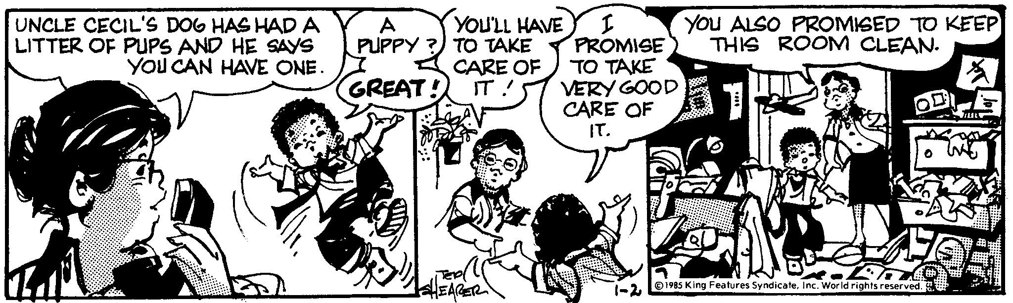 Sharing OCR: UNCLE CECIL'S DOG HAS HAD A LITTER OF PUPS AND HE SAYS YOU CAN HAVE ONE. A PUPPY ? YOU'LL HAVE TO TAKE CARE OF GREAT! IT! TEP( HEARER I PROMISE TO TAKE VERY GOOD CARE OF IT. YOU ALSO PROMISED TO KEEP THIS ROOM CLEAN. HUR HO 1-21985 King Features SyndicateInc. World rights reserved. UNCLE CECIL'S DOG HAS HAD A LITTER OF PUPS AND HE SAYS YOU CAN HAVE ONE . A PUPPY ? YOU'LL HAVE TO TAKE CARE OF GREAT ! IT ! TEP ( HEARER I PROMISE TO TAKE VERY GOOD CARE OF IT . YOU ALSO PROMISED TO KEEP THIS ROOM CLEAN . HUR HO 1-21985 King Features SyndicateInc. World rights reserved .