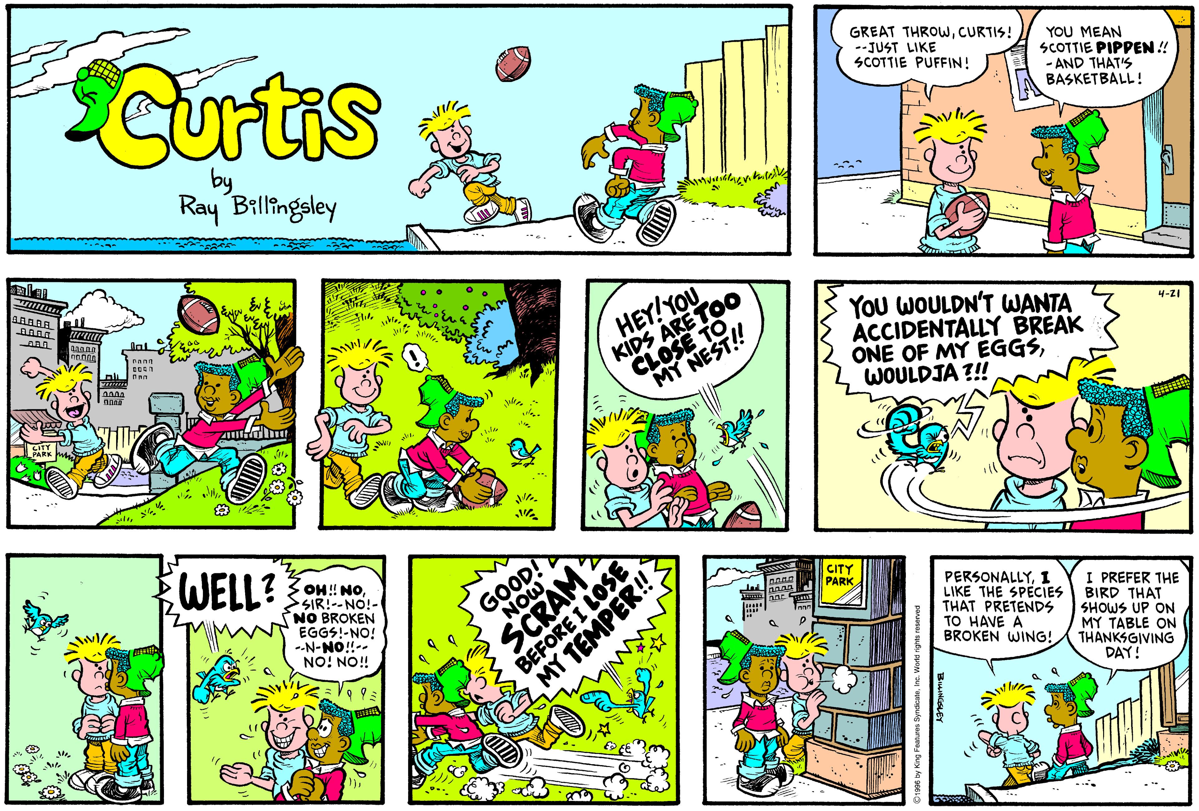 Parallel OCR: Curtis GREAT THROWCURTIS! --JUST LIKE SCOTTIE PUFFIN! YOU MEAN SCOTTIE PIPPEN ! - AND THAT'S BASKETBALL! by Ray Billingsley ala HEY!YOU KIDS ARETOO CLOSE TO MY NEST! You WOULDN'T WANTA ACCIDENTALLY BREAK ONE OF MY EGGSWOULDJA ?!! 4-2I WELL? OH ! NO>SIR!--NO!- NO BROKEN EGGS!-NO! --N-NO!-- GOOD! NOW BEFORE I LOSE MY TEMPER! CITY PARK PERSONALLY1 LIKE THE SPECIES THAT PRETENDS TO HAVE A BROKEN WING! I PREFER THE BIRD THAT SHOWS UP ON MY TABLE ON THANKSGIVING DAY! NO! NO!! SCRAM> Curtis GREAT THROWCURTIS! --JUST LIKE SCOTTIE PUFFIN! YOU MEAN SCOTTIE PIPPEN ! - AND THAT'S BASKETBALL! by Ray Billingsley ala HEY!YOU KIDS ARETOO CLOSE TO MY NEST! You WOULDN'T WANTA ACCIDENTALLY BREAK ONE OF MY EGGSWOULDJA ?!! 4-2I WELL? OH ! NO>SIR!--NO!- NO BROKEN EGGS!-NO! --N-NO!-- GOOD! NOW BEFORE I LOSE MY TEMPER! CITY PARK PERSONALLY1 LIKE THE SPECIES THAT PRETENDS TO HAVE A BROKEN WING! I PREFER THE BIRD THAT SHOWS UP ON MY TABLE ON THANKSGIVING DAY! NO! NO!! SCRAM>