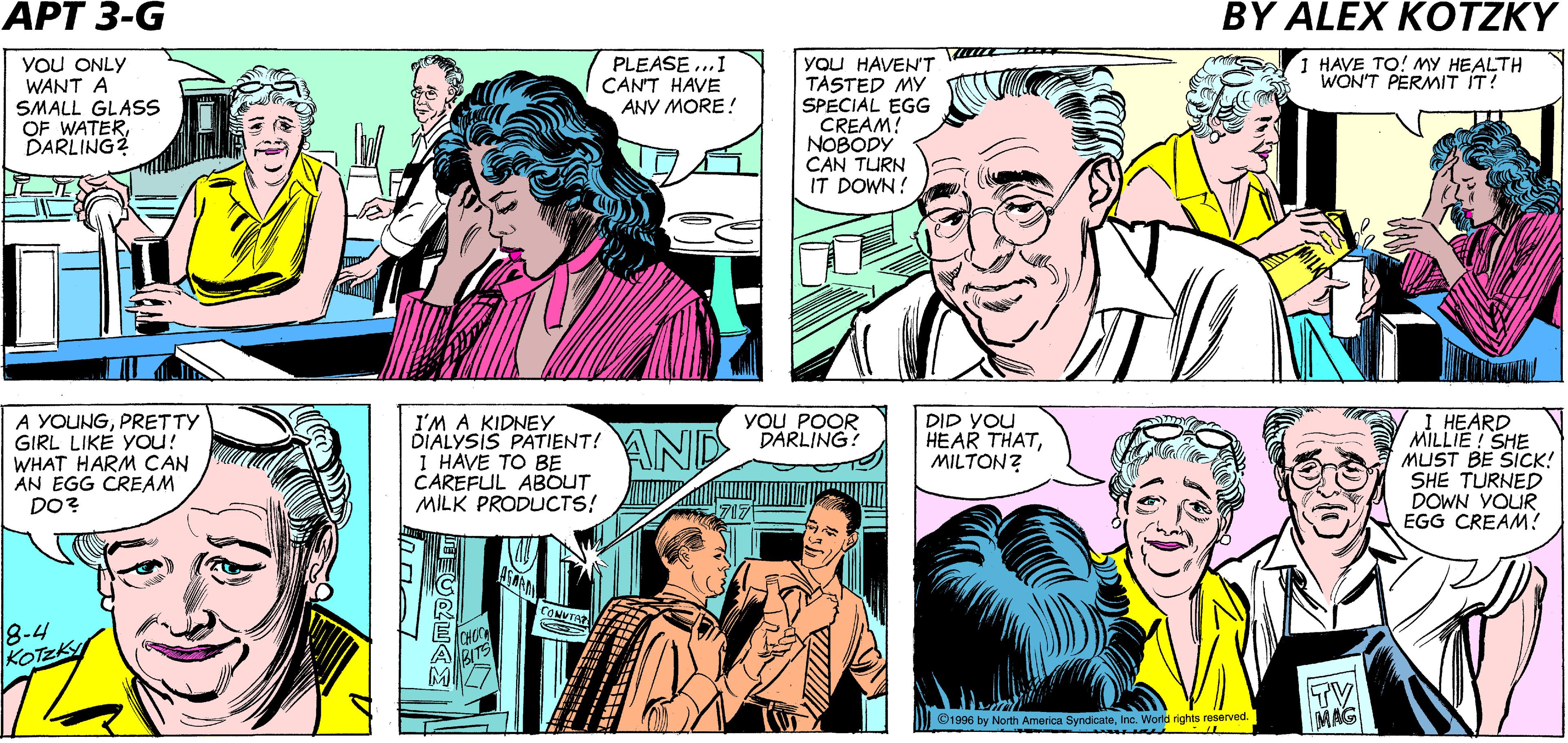 Comic book OCR: 1 TRIED TO CONVINCE LOUIS TO HELP HER OUTBUT HE ISNT READY TO DO THAT! ON A HOT DAY LIKE THIS 1 THINK OF NANCY! ILL BET INSTEAD OF RESTING SHES OUT POUNDING THE PAVEMÉNT! APARTMENT YoU ONLY WANT A SMALL GLASS OF WATERDARLING2 You HAVEN'T TASTED MY SPECIAL EGG CREAM! NOBODY CAN TURN IT DOWN! PLEASE..1 CANT HAVE ANY MORE! 1 HAVE TO! MY HEALTH WON'T PERMIT IT! YOU POOR A YOUNGPRETTY GIRL LIKÉ YOu! WHAT HARM CAN AN EGG CREAM DO? DID YOU HEAR THATMILTON? I HEARD MILLIE ! SHE MUST BE SICK! SHE TURNED DOWN YOUR EGG CREAM? I'M A KIDNEY DIALYSIS PATIENT! AND DARLING? HAVE TO BE CAREFUL ABOUT MILK PRODUCTS! 8-4 KOTZKI TV MAG O1996 by North America SyndicateInc. Worki rights reserved. 1 TRIED TO CONVINCE LOUIS TO HELP HER OUTBUT HE ISNT READY TO DO THAT! ON A HOT DAY LIKE THIS 1 THINK OF NANCY! ILL BET INSTEAD OF RESTING SHES OUT POUNDING THE PAVEMÉNT! APARTMENT YoU ONLY WANT A SMALL GLASS OF WATERDARLING2 You HAVEN'T TASTED MY SPECIAL EGG CREAM! NOBODY CAN TURN IT DOWN! PLEASE..1 CANT HAVE ANY MORE! 1 HAVE TO! MY HEALTH WON'T PERMIT IT! YOU POOR A YOUNGPRETTY GIRL LIKÉ YOu! WHAT HARM CAN AN EGG CREAM DO? DID YOU HEAR THATMILTON? I HEARD MILLIE ! SHE MUST BE SICK! SHE TURNED DOWN YOUR EGG CREAM? I'M A KIDNEY DIALYSIS PATIENT! AND DARLING? HAVE TO BE CAREFUL ABOUT MILK PRODUCTS! 8-4 KOTZKI TV MAG O1996 by North America SyndicateInc. Worki rights reserved.