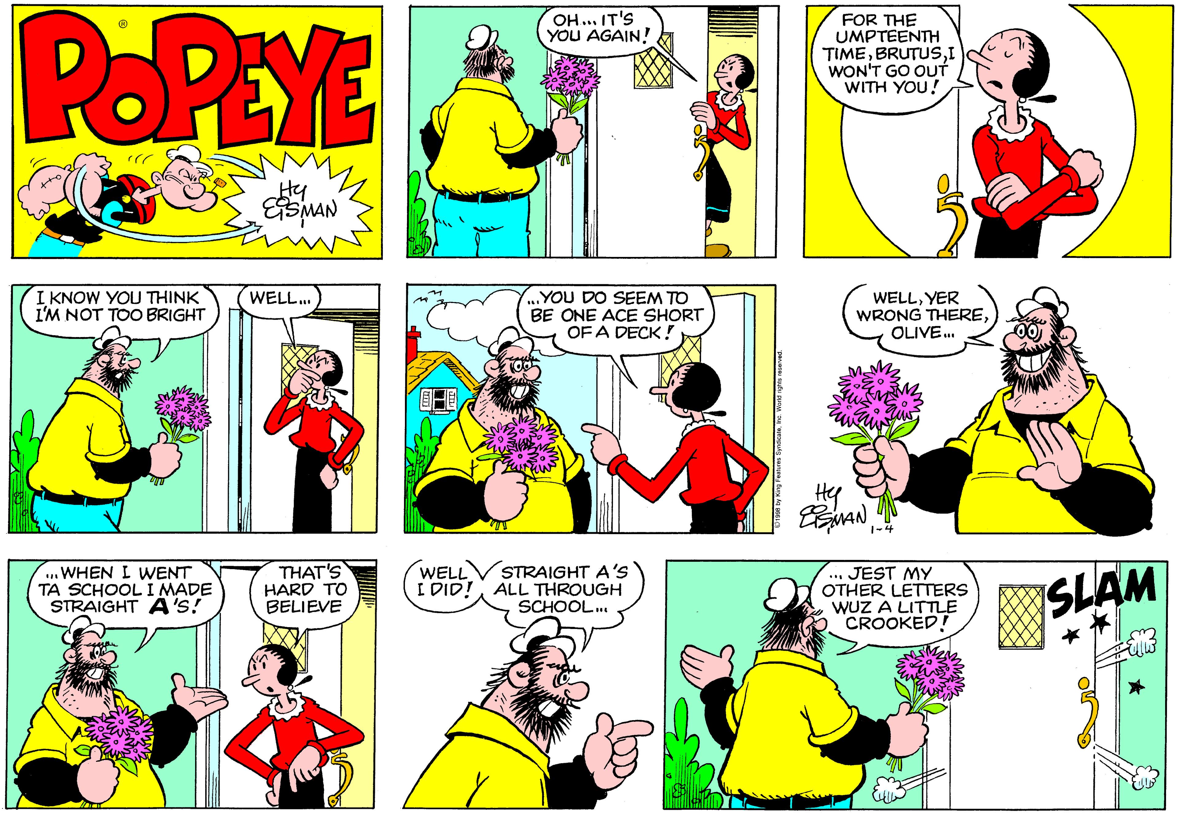 Mammal OCR: POPEYE OH... IT'S YOU AGAIN! FOR THE UMPTEENTH TIMEI WON'T GO OUT WITH YOU! Hy I KNOW YOU THINK I'M NOT TOO BRIGHT ..YOU DO SEEM TO BE ONE ACE SHORT OF A DECK ! WELL. WELLYER WRONG THEREOLIVE. Hy WHEN I WENT TA SCHOOL I MADE STRAIGHT A'S! THAT'S HARD TO BELIEVE WELL I DID! STRAIGHT A'S ALL THROUGH SCHOOL. ... JEST MY OTHER LETTERS WUZ A LITTLE CROOKED! SLAM POPEYE OH... IT'S YOU AGAIN! FOR THE UMPTEENTH TIMEI WON'T GO OUT WITH YOU! Hy I KNOW YOU THINK I'M NOT TOO BRIGHT ..YOU DO SEEM TO BE ONE ACE SHORT OF A DECK ! WELL. WELLYER WRONG THEREOLIVE. Hy WHEN I WENT TA SCHOOL I MADE STRAIGHT A'S! THAT'S HARD TO BELIEVE WELL I DID! STRAIGHT A'S ALL THROUGH SCHOOL. ... JEST MY OTHER LETTERS WUZ A LITTLE CROOKED! SLAM
