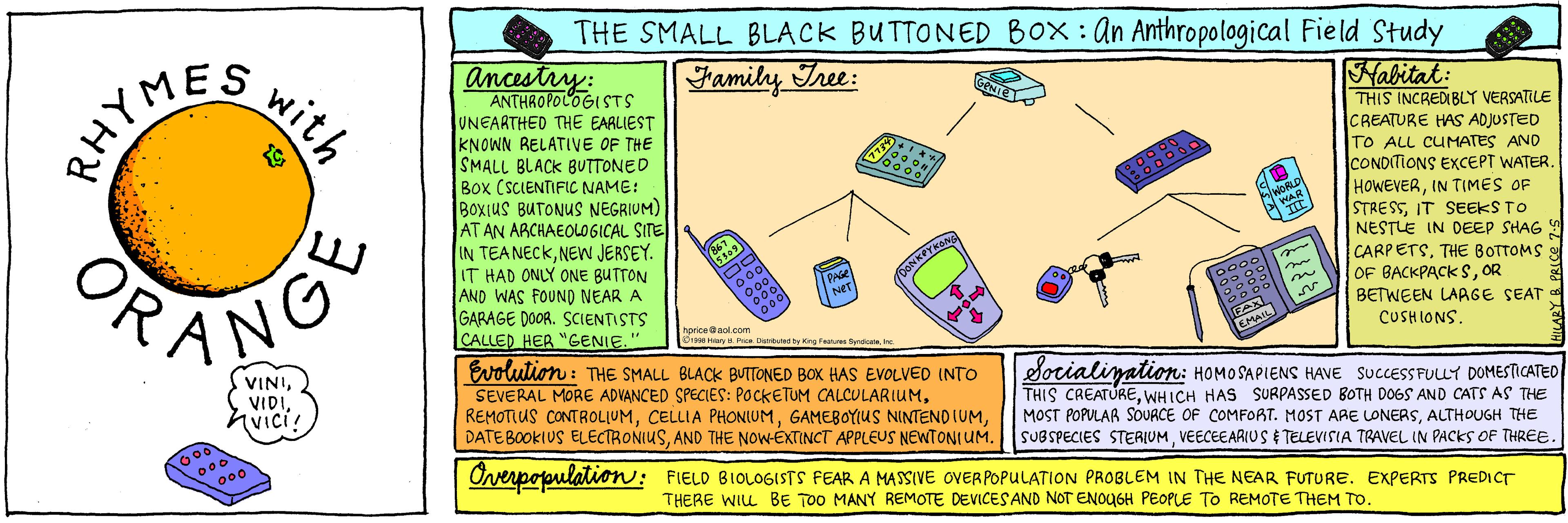 Diagram OCR: THE SMALL BLACK BUTTONED BOX: an Anthropological Field Study Ancestry: ANTHROPOLOGI STS UNEARTHED THE EARLIEST KNOWN RELATIVE OF THE SMALL BLACK BUTTONED Box (SCIENTIFIC NAME: BOXIUS BUTONUS NEGRIUM) AT AN ARCHAEOLOGICAL SITE IN TEANECKNEW JERSEY. Habitat: THIS INCRED BLY VERSATILE ICREATURE HAS ADJUSTED TO ALL CUMATES AND CONDITIONS EXCcEPT WATER. HOWEVERIN TIMES OF STRESSIT SEEKS TO NESTLE IN DEEP SHAG with Family Tree: RHYMES WORLD ANO IT HAD ONLY ONE BUTTON AND WAS FOUND NEAR A GARAGE DOOR. SCIENTISTS CALLED HER "GENIE" CARPETSTHE BOTTOMS OF BACKPACK SOR BETWEEN LAAGE SEAT CUSHIONS. horica ool.com ry e Dtet tyrg Fe yda e VINIVIci! Evolution: THE SMALL BLACK BUTTONED BOX HAS EVOLVED INTO SEVERAL MORE ADVANCED SPECIES: POCKETUM CALCULARIUMAND THE NOWEXTINCT APPLEUS NEWTONI UM. Socialiyation: HOMOSAPIENS HAVE SUCCESSFULLY DOMESTICATED THIS CREATUREWHICH HAS SURPASSED BOTH DOGS AND CATS AS THE MOST POPULAR SOURCE OF COMFORT. MOST ARE LONERSALTHOUGH THE SUBSPECIES STER?UMVEECEEARIUS E TELEVISIA TRAVEL IN PACKS OF THREE. Overpopulation: FIELD BIOLOGISTS FEAR A MASSIVE OVERPOPULATION PROBLEM IN THE NEAR FUTURE. EXPERTS PREDICT THERE WIL BE TOO MANY REMOTE DEVICES AND NOT ENOUGH PEOPLE TO REMOTE THEM TO. THE SMALL BLACK BUTTONED BOX: an Anthropological Field Study Ancestry: ANTHROPOLOGI STS UNEARTHED THE EARLIEST KNOWN RELATIVE OF THE SMALL BLACK BUTTONED Box (SCIENTIFIC NAME: BOXIUS BUTONUS NEGRIUM) AT AN ARCHAEOLOGICAL SITE IN TEANECKNEW JERSEY. Habitat: THIS INCRED BLY VERSATILE ICREATURE HAS ADJUSTED TO ALL CUMATES AND CONDITIONS EXCcEPT WATER. HOWEVERIN TIMES OF STRESSIT SEEKS TO NESTLE IN DEEP SHAG with Family Tree: RHYMES WORLD ANO IT HAD ONLY ONE BUTTON AND WAS FOUND NEAR A GARAGE DOOR. SCIENTISTS CALLED HER "GENIE" CARPETSTHE BOTTOMS OF BACKPACK SOR BETWEEN LAAGE SEAT CUSHIONS. horica ool.com ry e Dtet tyrg Fe yda e VINIVIci! Evolution: THE SMALL BLACK BUTTONED BOX HAS EVOLVED INTO SEVERAL MORE ADVANCED SPECIES: POCKETUM CALCULARIUMREMOTIUS CONTROLIUMCELLIA PHONLUMGAMEBOYIUS NINTEND IUMDATEBOOKIUS ELECTRONIUSAND THE NOWEXTINCT APPLEUS NEWTONI UM. Socialiyation: HOMOSAPIENS HAVE SUCCESSFULLY DOMESTICATED THIS CREATUREWHICH HAS SURPASSED BOTH DOGS AND CATS AS THE MOST POPULAR SOURCE OF COMFORT. MOST ARE LONERSALTHOUGH THE SUBSPECIES STER?UMVEECEEARIUS E TELEVISIA TRAVEL IN PACKS OF THREE. Overpopulation: FIELD BIOLOGISTS FEAR A MASSIVE OVERPOPULATION PROBLEM IN THE NEAR FUTURE. EXPERTS PREDICT THERE WIL BE TOO MANY REMOTE DEVICES AND NOT ENOUGH PEOPLE TO REMOTE THEM TO.