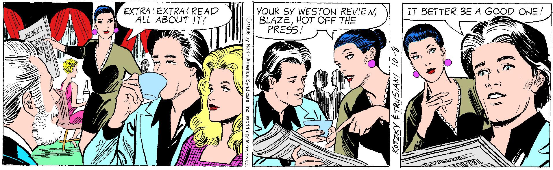 Cartoon OCR: EXTRA! EXTRA! READ ALL ABOUT IT! YOUR SY WESTON REVIEWHOT OFF THE PRESS! IT BETTER BE A GOOD ONE! EXTRA! EXTRA! READ ALL ABOUT IT! YOUR SY WESTON REVIEWHOT OFF THE PRESS! IT BETTER BE A GOOD ONE!