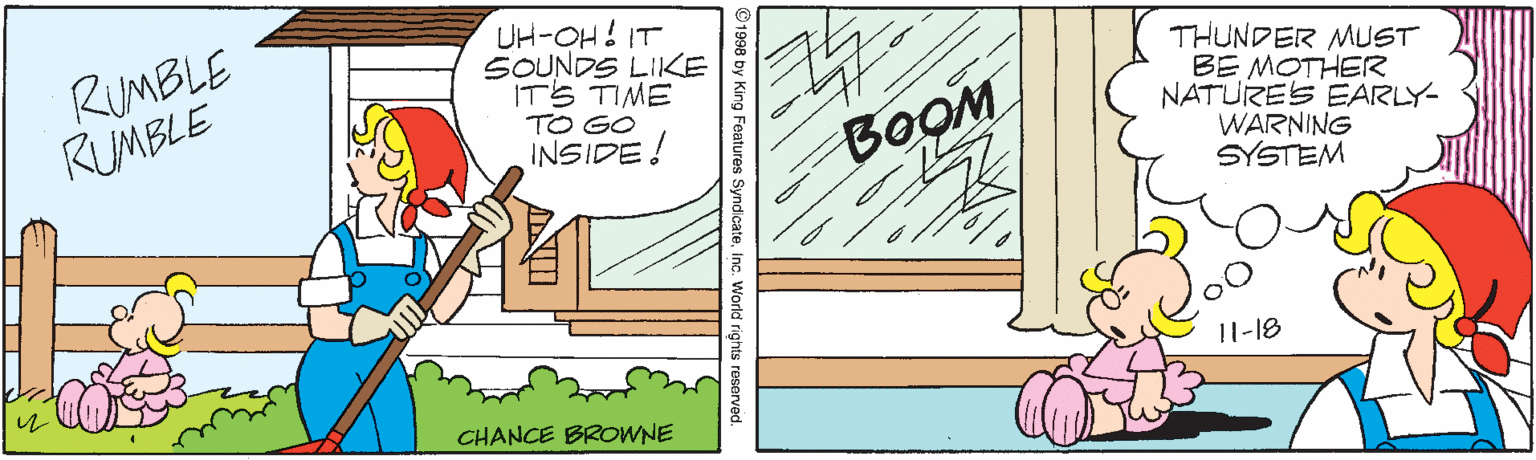 Illustration OCR: RUMBLE RUMBLE UH-OH! IT SOUNDS LIKE ITS TIME TO GO INSIDE! THUNDER MUST BE MOTHER NATURES EARLY- WARNING SYSTEM BOOM Il-18 CHANCE BROWNE 1998 by King Features Syndcateinc. World rights reserved RUMBLE RUMBLE UH-OH! IT SOUNDS LIKE ITS TIME TO GO INSIDE! THUNDER MUST BE MOTHER NATURES EARLY- WARNING SYSTEM BOOM Il-18 CHANCE BROWNE 1998 by King Features Syndcateinc. World rights reserved