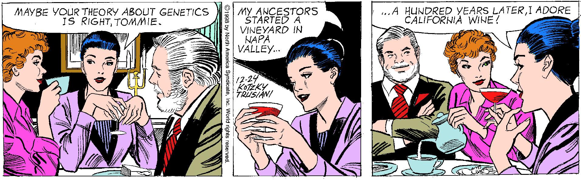 Comic book OCR: ...A HUNDRED YEARS LATERI ADORE CALIFORNIA WINE! MY ANCESTORS STÁRTED A VINEYARD IN NAPA VALLEY.. MAYBE YOUR THEORY ABOUT GENETICS IS RIGHTTOMMIE. 12-24 KOTZKY TRUSIANI ©1998 by North America SyndicateI ...A HUNDRED YEARS LATERI ADORE CALIFORNIA WINE! MY ANCESTORS STÁRTED A VINEYARD IN NAPA VALLEY.. MAYBE YOUR THEORY ABOUT GENETICS IS RIGHTTOMMIE. 12-24 KOTZKY TRUSIANI ©1998 by North America Syndicate