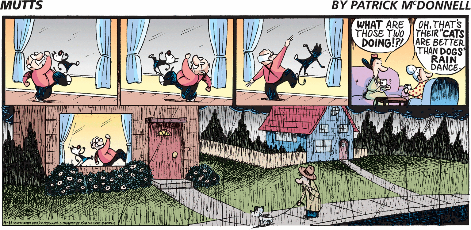 Illustration OCR: MUTTS BY PATRICK M'DONNELL WHAT ARE THOSE TWO DOING!?! OHTHAT'S THEIR "CATS ARE BETTER THAN DOGS RAIN DANCE FUNT MUTTS BY PATRICK M'DONNELL WHAT ARE THOSE TWO DOING!?! OHTHAT'S THEIR "CATS ARE BETTER THAN DOGS RAIN DANCE FUNT