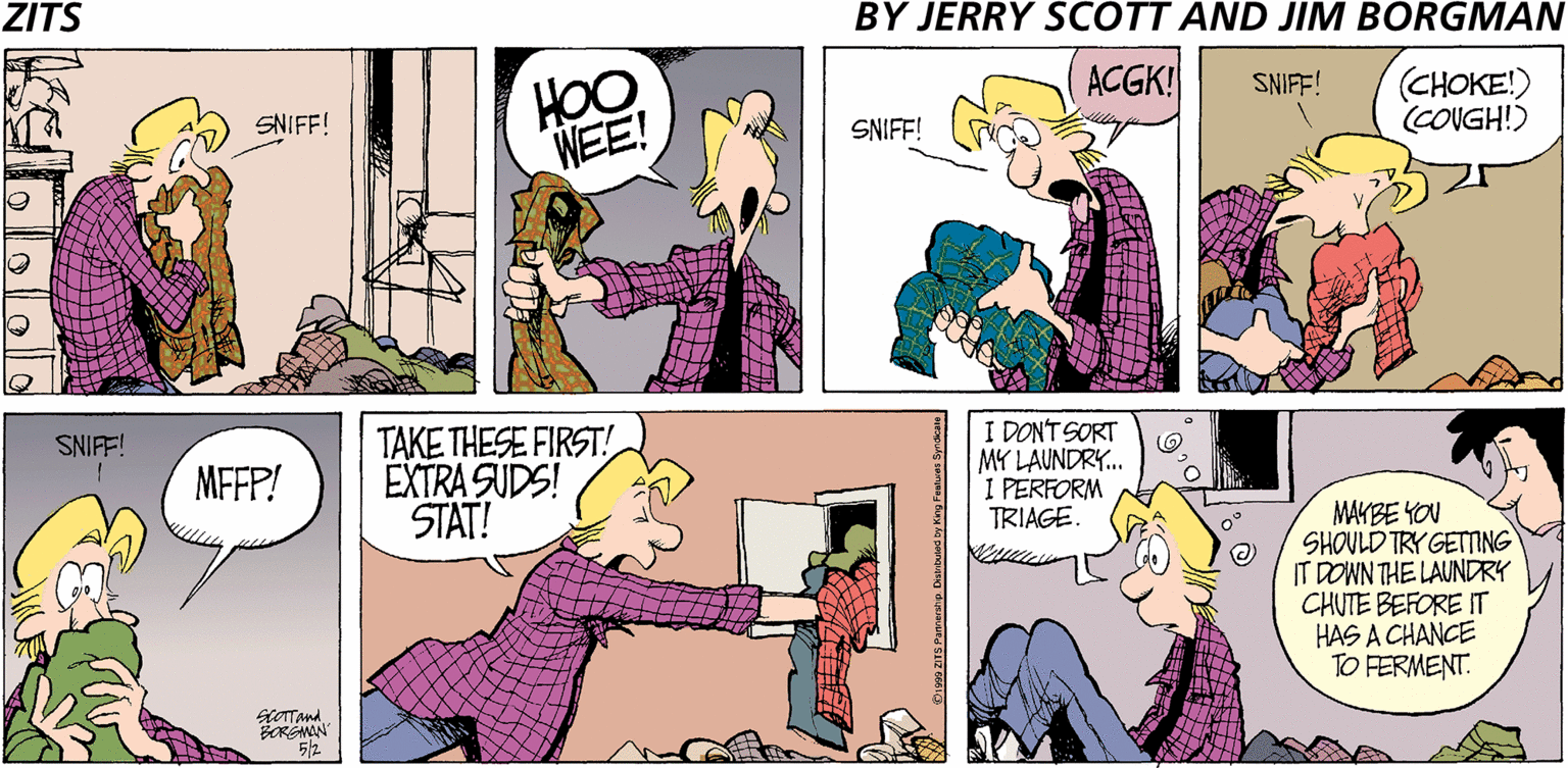 Cartoon OCR: ZITS BY JERRY SCOTT AND JIM BORGMAN HO WEE! ACGK! CHOKE!) CONGH!) SNIFF! SNIFF! SNIFF! TAKE THESE FIRST! EXTRA SUDS! STAT! SNIFF! I DONT SORT MY LAUNDRY. I PERFORM TRIAGE. MFFP! MAKBE YOU SHOULD TRY GETING IT DOWN THE LAUNDRY CHUTE BEFORE IT HAS A CHANCE TO FERMENT. BORGMAN 512. ZITS BY JERRY SCOTT AND JIM BORGMAN HO WEE! ACGK! CHOKE!) CONGH!) SNIFF! SNIFF! SNIFF! TAKE THESE FIRST! EXTRA SUDS! STAT! SNIFF! I DONT SORT MY LAUNDRY. I PERFORM TRIAGE. MFFP! MAKBE YOU SHOULD TRY GETING IT DOWN THE LAUNDRY CHUTE BEFORE IT HAS A CHANCE TO FERMENT. BORGMAN 512.