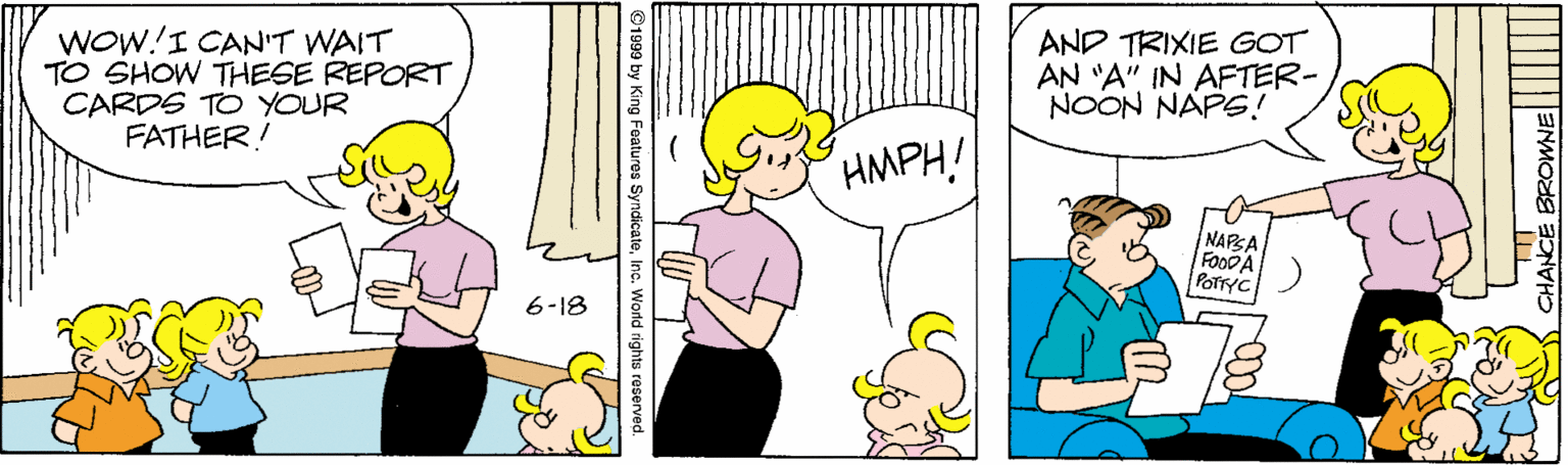 Finger OCR: WOW!I CAN'T WAIT TO SHOW THESE REPORT CARDS TO YOUR FATHER! AND TRIXIE GOT AN "A" IN AFTER- NOON NAPS! HMPH!! NAPSA FOODA Poltyc 6-18 ©1999 by King Foatures SyndicateInc. World rights re WOW!I CAN'T WAIT TO SHOW THESE REPORT CARDS TO YOUR FATHER! AND TRIXIE GOT AN "A" IN AFTER- NOON NAPS! HMPH!! NAPSA FOODA Poltyc 6-18 ©1999 by King Foatures SyndicateInc. World rights re