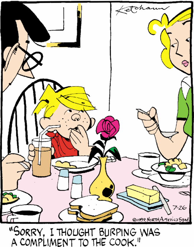 Rectangle OCR: Ketchamn 7-26 ©192 NORTHAMerica 5ynd "SORRYI THOUGHT BURPING WAS A COMPLIMENT TO THE COOK." Ketchamn 7-26 ©192 NORTHAMerica 5ynd "SORRYI THOUGHT BURPING WAS A COMPLIMENT TO THE COOK."