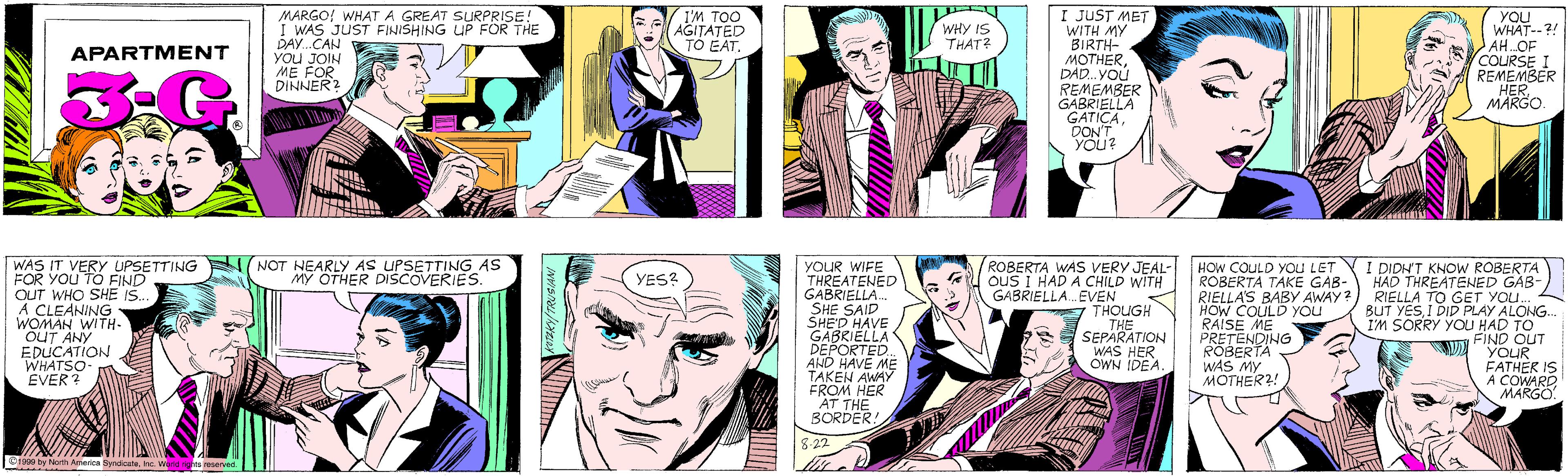 Art OCR: MARGO! WHAT A GREAT SURPRISE! I WAS JUST FINISHING UP FOR THE DAY.CAN you JOIN ME FOR DINNER? I'M TOO AGITATED TO EAT. WHY IS THAT? APARTMENT I JUST MET WITH MY BIRTH- ??THERDAD.YOu REMEMBER GABRIELLA GATIÇADON'T YOU? YOU WHAT--?! AH..OF COURSE I REMEMBER HERMARGO WAS IT VERY UPSETTING FOR YOU TO FIND OUT WHO SHE IS. A CLEANING WOMAN WITH- OUT ANY EDUCATION WHATSO- EVER ? NOT NEARLY AS UPSETTING AS M? OTHER DISCOVERIES. ©1990 by North America SyndicateInc. World rights reserved. ROBERTA WAS VERY JEAL- ouS I HAD A CHILD WITH YOUR WIFE THREATENED GABRIELLA. SHE SAID SHE'D HAVE GABRIELLA DEPORTED AND HAVE ME TAKEN AWAY FROM HER AT THE BORDER! HOW COULD YOU LET ROBERTA TAKE GAB- RIELLA'S BABY AWAY? HOW COULD You RAISE ME PRETENDING ROBERTA WAS MY MOTHER?! I DIDN'T KNOW ROBERTA HAD THREATENED GAB- RIELLA TO GET YOU. BUT YESI DID PLAY ALONG.. I'M SORRY YOU HAD TO FIND OUT YOUR FATHER IS A COWARD MARGO. YES? GABRIELLA. EVEN THOUGH THE SEPARATION WAS HER OWN IDEA. 8-22 | INVIST MARGO! WHAT A GREAT SURPRISE! I WAS JUST FINISHING UP FOR THE DAY.CAN you JOIN ME FOR DINNER? I'M TOO AGITATED TO EAT. WHY IS THAT? APARTMENT I JUST MET WITH MY BIRTH- ??THERDAD.YOu REMEMBER GABRIELLA GATIÇADON'T YOU? YOU WHAT--?! AH..OF COURSE I REMEMBER HERMARGO WAS IT VERY UPSETTING FOR YOU TO FIND OUT WHO SHE IS. A CLEANING WOMAN WITH- OUT ANY EDUCATION WHATSO- EVER ? NOT NEARLY AS UPSETTING AS M? OTHER DISCOVERIES. ©1990 by North America SyndicateInc. World rights reserved. ROBERTA WAS VERY JEAL- ouS I HAD A CHILD WITH YOUR WIFE THREATENED GABRIELLA. SHE SAID SHE'D HAVE GABRIELLA DEPORTED AND HAVE ME TAKEN AWAY FROM HER AT THE BORDER! HOW COULD YOU LET ROBERTA TAKE GAB- RIELLA'S BABY AWAY? HOW COULD You RAISE ME PRETENDING ROBERTA WAS MY MOTHER?! I DIDN'T KNOW ROBERTA HAD THREATENED GAB- RIELLA TO GET YOU. BUT YESI DID PLAY ALONG.. I'M SORRY YOU HAD TO FIND OUT YOUR FATHER IS A COWARD MARGO. YES? GABRIELLA. EVEN THOUGH THE SEPARATION WAS HER OWN IDEA. 8-22 | INVIST