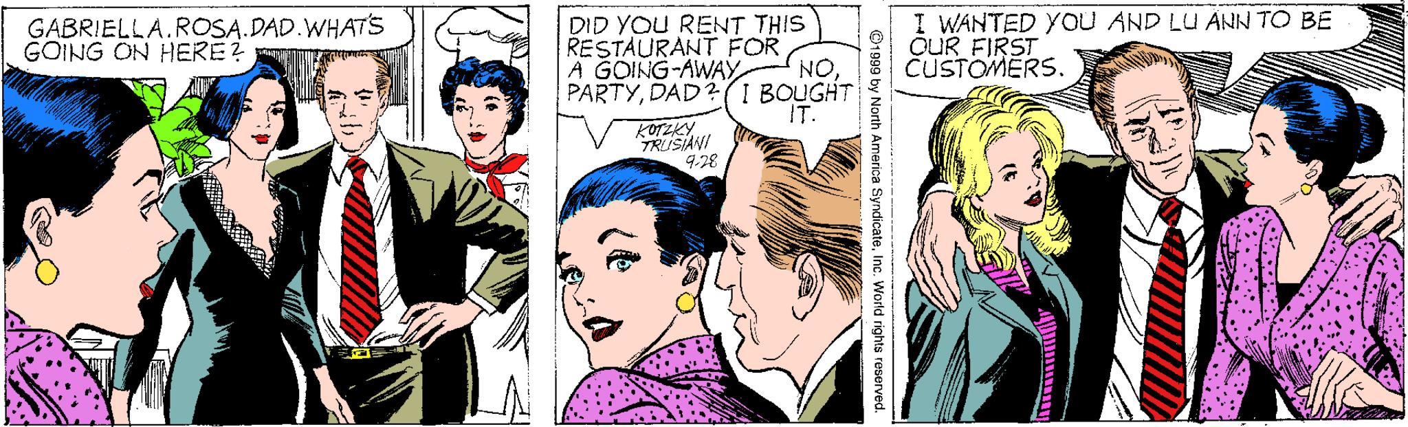 Organism OCR: DID YOU RENT THIS RESTAURANT FOR NODAD?(I BOUGHT IT. I WANTED YOU AND LU ÄNN TO BE OUR FIRST CUSTOMERS. GABRIELLA.ROSA.DAD.WHATS GOING ON HERE? A GOING-AWAY KOTZKY TRUSIANI ©1999 by North America SyndicateInc. World rights reserved. DID YOU RENT THIS RESTAURANT FOR NODAD?(I BOUGHT IT. I WANTED YOU AND LU ÄNN TO BE OUR FIRST CUSTOMERS. GABRIELLA.ROSA.DAD.WHATS GOING ON HERE? A GOING-AWAY KOTZKY TRUSIANI ©1999 by North America SyndicateInc. World rights reserved.