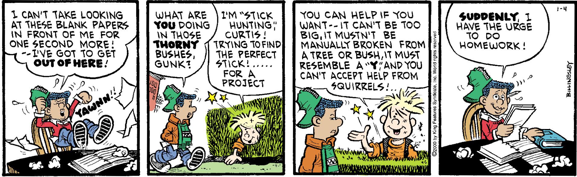 Illustration OCR: 1 CAN'T TAKE LOOKING AT THESE BLANK PAPERS IN FRONT OF ME FOR ONE SECOND MORE! --I'VE GOT TO GET OUT OF HERE! WHAT ARE YOU DOING IN THOSE THORNY BUSHESGUNK? I'M "STICK HUNTING" CURTIS ! TRYING TO FIND THE PERFECT STICK!.... FOR A PROJECT YOU CAN HELP IF YOU WANT--IT CAN'T BE TOO BIGIT MUSTN'T BE MANUALLY BROKEN FROM A TREE OR BUSHIT MUST RESEMBLE A "Y"AND YOU CAN'T ACCEPT HELP FROM SQUIRRELS!. SUDDENLYI HAVE THE URGE TO DO HOMEWORK ! YAWNN! by King Foatures Syndeater 1 CAN'T TAKE LOOKING AT THESE BLANK PAPERS IN FRONT OF ME FOR ONE SECOND MORE! --I'VE GOT TO GET OUT OF HERE! WHAT ARE YOU DOING IN THOSE THORNY BUSHESGUNK? I'M "STICK HUNTING" CURTIS ! TRYING TO FIND THE PERFECT STICK!.... FOR A PROJECT YOU CAN HELP IF YOU WANT--IT CAN'T BE TOO BIGIT MUSTN'T BE MANUALLY BROKEN FROM A TREE OR BUSHIT MUST RESEMBLE A "Y"AND YOU CAN'T ACCEPT HELP FROM SQUIRRELS!. SUDDENLYI HAVE THE URGE TO DO HOMEWORK ! YAWNN! by King Foatures Syndeate