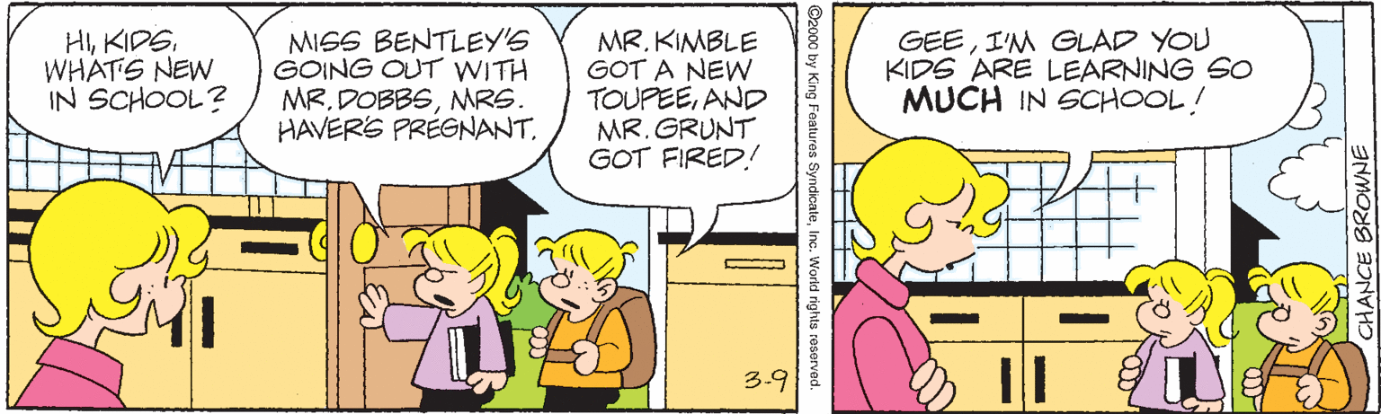 Comic book OCR: HI KIDSWHATS NEW IN SCHOOL? MISS BENTLEY'S GOING OUT WITH MR. DOBBSMRS. HAVERS PRÉGNANT. MR. KIMBLE GOT A NEW TOUPEEAND MR. GRUNT GOT FIRED! GEEI'M GLAD YOU KIDS ARE LEARNING SO MUCH IN SCHOOL! 3.9 CHANCE BROWNE O2000 by King Features SyndicateInc. World rights reserved. HI KIDSWHATS NEW IN SCHOOL? MISS BENTLEY'S GOING OUT WITH MR. DOBBSMRS. HAVERS PRÉGNANT. MR. KIMBLE GOT A NEW TOUPEEAND MR. GRUNT GOT FIRED! GEEI'M GLAD YOU KIDS ARE LEARNING SO MUCH IN SCHOOL! 3.9 CHANCE BROWNE O2000 by King Features SyndicateInc. World rights reserved.