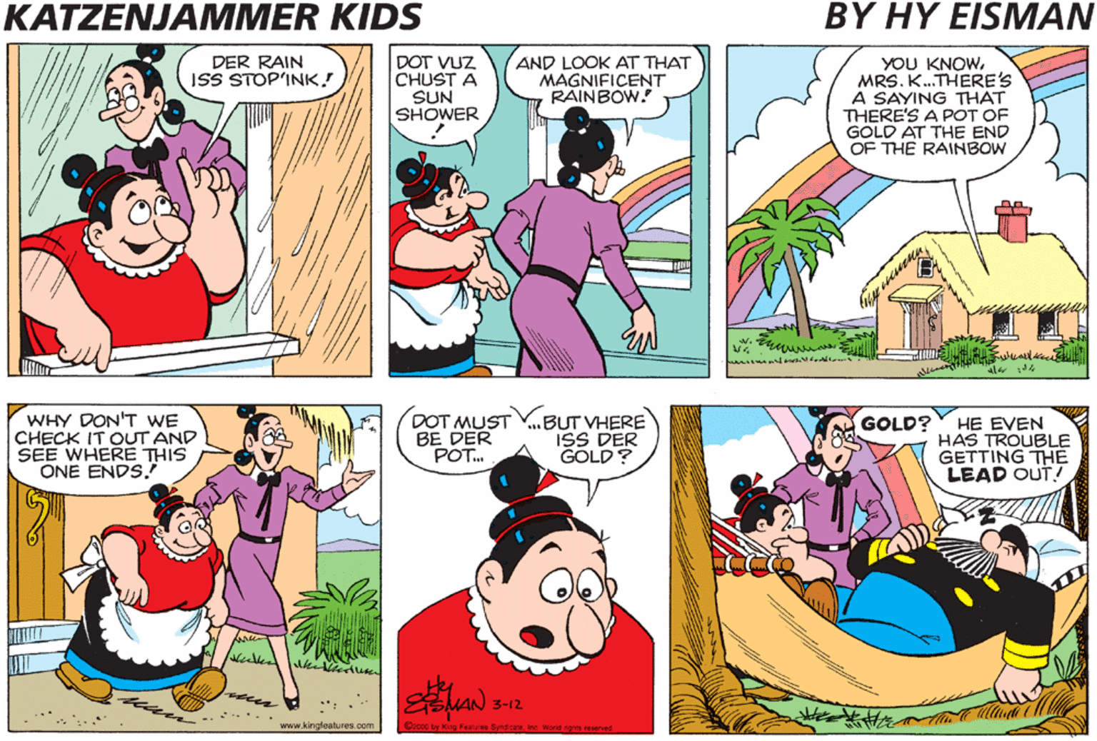 Human OCR: KATZENJAMMER KIDS BY HY EISMAN DER RAIN ISS STOP'INK! DOT VUZ CHUST A SUN SHOWER AND LOOK AT THAT MAGNIFICENT RAINBOW. YOU KNOWMRS. K.THERE'S A SAYING THAT THERE'S A POT OF GOLD AT THE END OF THE RAINBOW alr 14 SOME SAY IT'S AN OLD WIVES TALE!. WHY DON'T WE CHECK IT OUT AND SEE WHERE THIS ONE ENDSDOT MUST V..BUT VHERE BE DER POT. Y HE EVEN HAS TROUBLE GETTING THE LEAD OUT! GOLD? ISS DOT TRUE ISS DER GOLD? MAN 3-12 ** ** www.kingleehures.com Cces ty Ft ndRE Wod s KATZENJAMMER KIDS BY HY EISMAN DER RAIN ISS STOP'INK! DOT VUZ CHUST A SUN SHOWER AND LOOK AT THAT MAGNIFICENT RAINBOW. YOU KNOWMRS. K.THERE'S A SAYING THAT THERE'S A POT OF GOLD AT THE END OF THE RAINBOW alr 14 SOME SAY IT'S AN OLD WIVES TALE!. WHY DON'T WE CHECK IT OUT AND SEE WHERE THIS ONE ENDSDOT MUST V..BUT VHERE BE DER POT. Y HE EVEN HAS TROUBLE GETTING THE LEAD OUT! GOLD? ISS DOT TRUE ISS DER GOLD? MAN 3-12 ** ** www.kingleehures.com Cces ty Ft ndRE Wod s