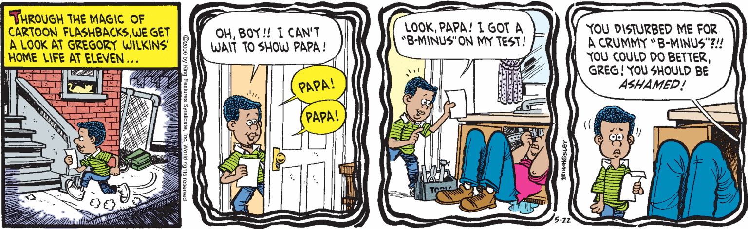 Interaction OCR: THROUGH THE MAGIC OF CARTOON FLASHBACKSWE GET A LOOK AT GREGORY WILKINS' HOME LIFE AT ELEVEN... LOOKPAPA! I GOT A "B-MINUS"ON MY TEST! YOU DISTURBED ME FOR A CRUMMY "B-MINUS"?! YOU COULD DO BETTERGREG! YOU SHOULD BE ASHAMED! OHBOY! I CAN'T WAIT TO SHOW PAPA! PAPA! PAPA! 5-22 THROUGH THE MAGIC OF CARTOON FLASHBACKSWE GET A LOOK AT GREGORY WILKINS' HOME LIFE AT ELEVEN... LOOKPAPA! I GOT A "B-MINUS"ON MY TEST! YOU DISTURBED ME FOR A CRUMMY "B-MINUS"?! YOU COULD DO BETTERGREG! YOU SHOULD BE ASHAMED! OHBOY! I CAN'T WAIT TO SHOW PAPA! PAPA! PAPA! 5-22