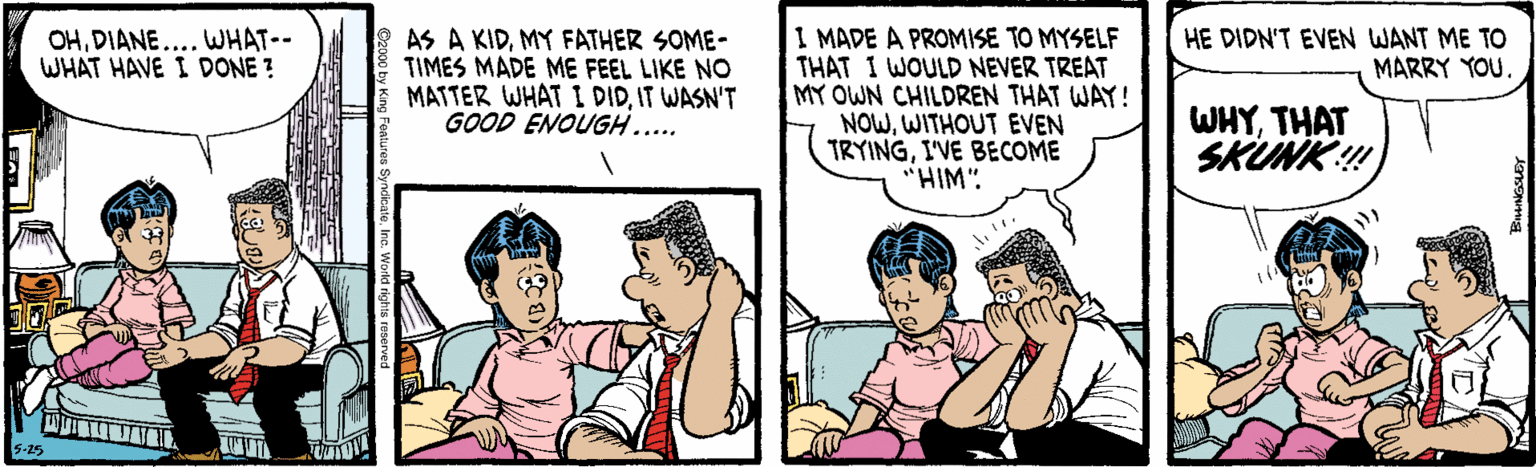 Interaction OCR: 1 MADE A PROMISE TO MYSELF THAT I WOULD NEVER TREAT MY OWN CHILDREN THAT WAY! NOWWITHOUT EVEN TRYINGI'VE BECOME "HIM". OHDIANE.... WHAT-- WHAT HAVE I DONE ? AS A KIDMY FATHER SOME- TIMES MADE ME FEEL LIKE NO MATTER WHAT I DIDIT WASN'T GOOD ENOUGH..... HE DIDN'T EVEN WANT ME TO MARRY YOU. WHYTHAT SKUNK ! 5-25 1 MADE A PROMISE TO MYSELF THAT I WOULD NEVER TREAT MY OWN CHILDREN THAT WAY! NOWWITHOUT EVEN TRYINGI'VE BECOME "HIM". OHDIANE.... WHAT-- WHAT HAVE I DONE ? AS A KIDMY FATHER SOME- TIMES MADE ME FEEL LIKE NO MATTER WHAT I DIDIT WASN'T GOOD ENOUGH..... HE DIDN'T EVEN WANT ME TO MARRY YOU. WHYTHAT SKUNK ! 5-25