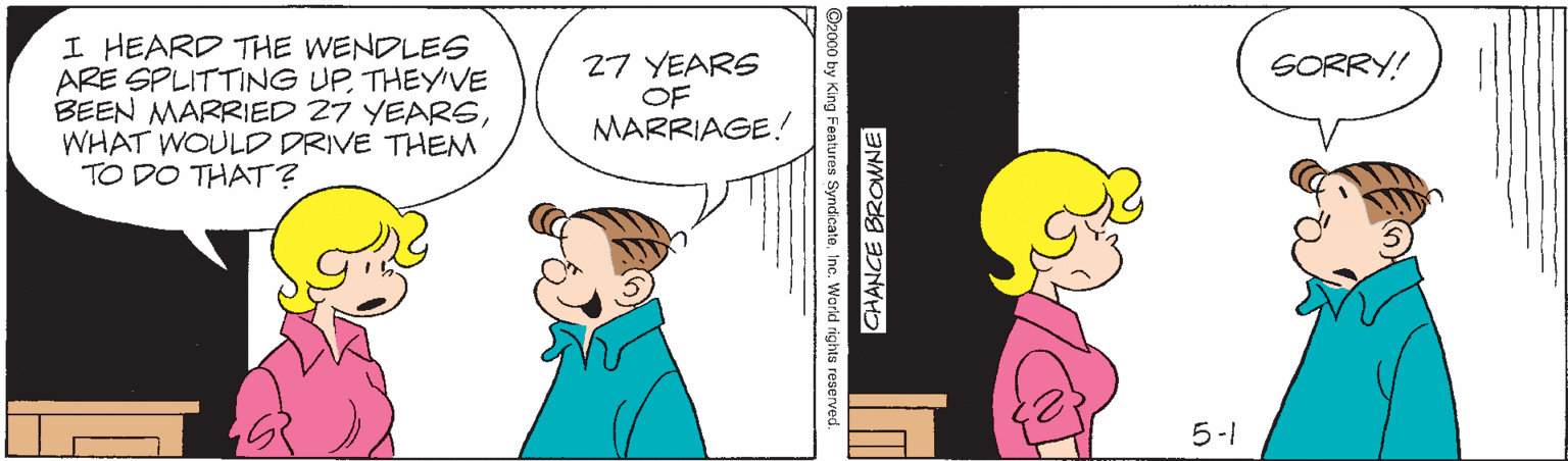 Sharing OCR: I HEARD THE WENDLES ARE SPLITTING UP THEYiVE BEEN MARRIED 27 YEARSWHAT WOULD DRIVE THEM TO DO THAT? 27 YEARS OF MARRIAGE! SORRY! 5-1 O by King Features SyndcateInc. World rights reserved. CHANCE BROWNE I HEARD THE WENDLES ARE SPLITTING UP THEYiVE BEEN MARRIED 27 YEARSWHAT WOULD DRIVE THEM TO DO THAT? 27 YEARS OF MARRIAGE! SORRY! 5-1 O by King Features SyndcateInc. World rights reserved. CHANCE BROWNE