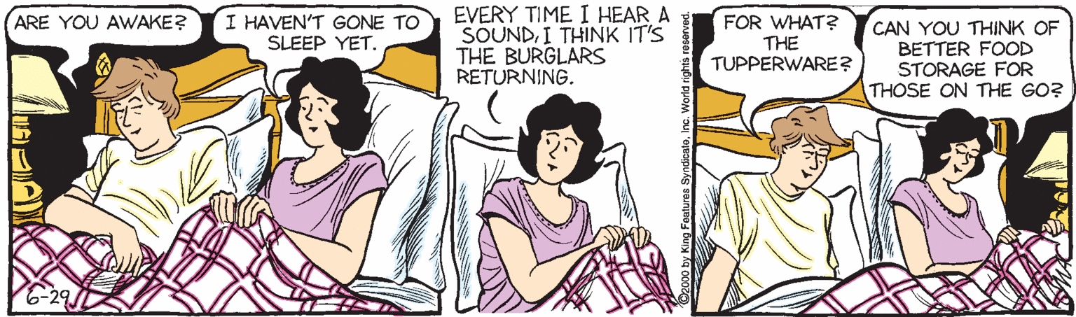 Violet OCR: EVERY TIME I HEAR A SOUNDI THINK IT'S THE BURGLARS RETURNING. I HAVEN'T GONE TO SLEEP YET. ARE YOU AWwAKE? FOR WHAT? THE TUPPERWARE? CAN YOU THINK OF BETTER FOOD STORAGE FOR THOSE ON THE GO? -29 00 by King Foatures SyndicatoInc. World rights EVERY TIME I HEAR A SOUNDI THINK IT'S THE BURGLARS RETURNING. I HAVEN'T GONE TO SLEEP YET. ARE YOU AWwAKE? FOR WHAT? THE TUPPERWARE? CAN YOU THINK OF BETTER FOOD STORAGE FOR THOSE ON THE GO? -29 00 by King Foatures SyndicatoInc. World rights