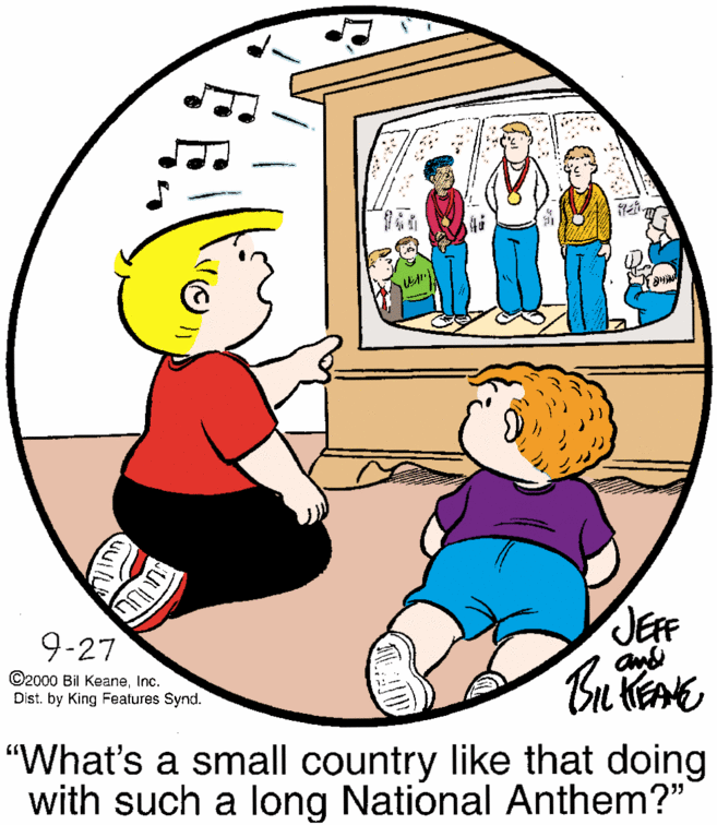 Rectangle OCR: “? JEFF 9-27 ©2000 Bil KeaneInc. Ðist. by King Features Synd. "What's a small country like that doing with such a long National Anthem?" “ ? JEFF 9-27 ©2000 Bil KeaneInc. Ðist. by King Features Synd. "What's a small country like that doing with such a long National Anthem?"