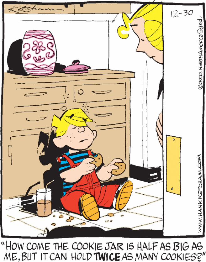 Nightstand OCR: 12-30 "How COME THE COOKIE JAR IS HALF AS BIG AS MEBUT IT CAN HOLD TWICE AS MANY COOKIES?" www.HANK KETCHAM.COM ©2000NORTHAmerica Synd. 12-30 "How COME THE COOKIE JAR IS HALF AS BIG AS MEBUT IT CAN HOLD TWICE AS MANY COOKIES?" www.HANK KETCHAM.COM ©2000NORTHAmerica Synd.