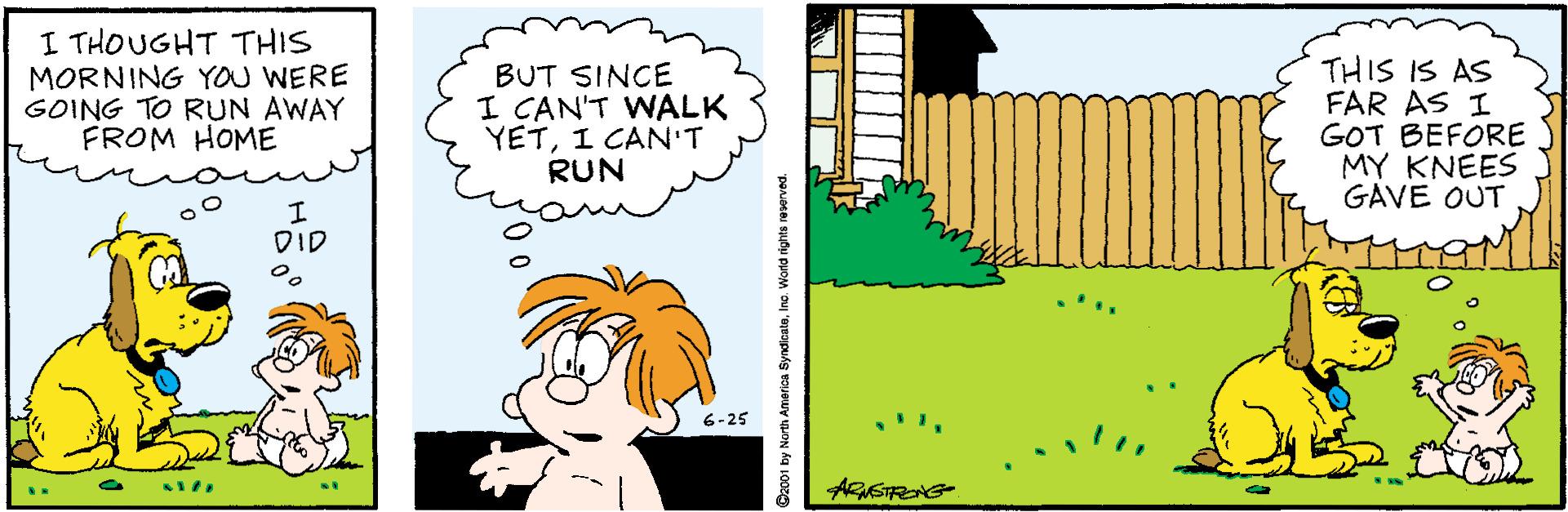 Illustration OCR: I THOUGHT THIS MORNING YOU WERE GOING TO RUN AWAY FROM HOME BUT SINCE I CAN'T WALK YETI CAN'T RUN THIS IS AS FAR AS I GOT BEFORE MY KNEES GAVE OUT DID 6-25 AGSTRONG I THOUGHT THIS MORNING YOU WERE GOING TO RUN AWAY FROM HOME BUT SINCE I CAN'T WALK YETI CAN'T RUN THIS IS AS FAR AS I GOT BEFORE MY KNEES GAVE OUT DID 6-25 AGSTRONG