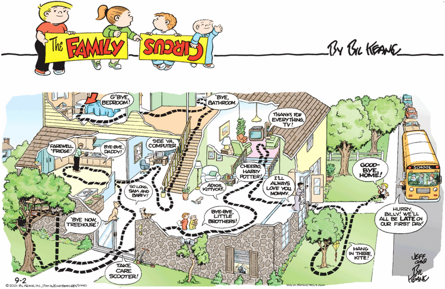 Biome OCR: THE FAMILY CIRCUS By Bu KEANE G'BYEBEDROOM! BYEBATHROOM. THANKS FER EVERYTHINGTV! SEE YACOMPUTER FAREWELL*FRIDGE! BYE-BYEDADDY! CHEERIOHARRY tne POTTER! GOOD- BYEHOME! SCHOOL ILL ALWAYS LOVE YOU MOMMY. SO LONGSAM AND BARFY! ADIOSKITTYCAT. whe BYE-BYE LITTLE BROTHERS! HURRYBILLY! WE'LL ALL BE LATE N OUR FIRST DAY 'BYE NOW TREEHOUSE! HANG IN THEREKITE! JEFFand TAKE CARE SCOOTER! 9-2 O 2001 BIL KEANEDet Kiner FETUESSYND HANK www.FwwCIRCUS.CEm THE FAMILY CIRCUS By Bu KEANE G'BYEBEDROOM! BYEBATHROOM. THANKS FER EVERYTHINGTV! SEE YACOMPUTER FAREWELL*FRIDGE! BYE-BYEDADDY! CHEERIOHARRY tne POTTER! GOOD- BYEHOME! SCHOOL ILL ALWAYS LOVE YOU MOMMY. SO LONGSAM AND BARFY! ADIOSKITTYCAT. whe BYE-BYE LITTLE BROTHERS! HURRYBILLY! WE'LL ALL BE LATE N OUR FIRST DAY 'BYE NOW TREEHOUSE! HANG IN THEREKITE! JEFFand TAKE CARE SCOOTER! 9-2 O 2001 BIL KEANEDet Kiner FETUESSYND HANK www.FwwCIRCUS.CEm
