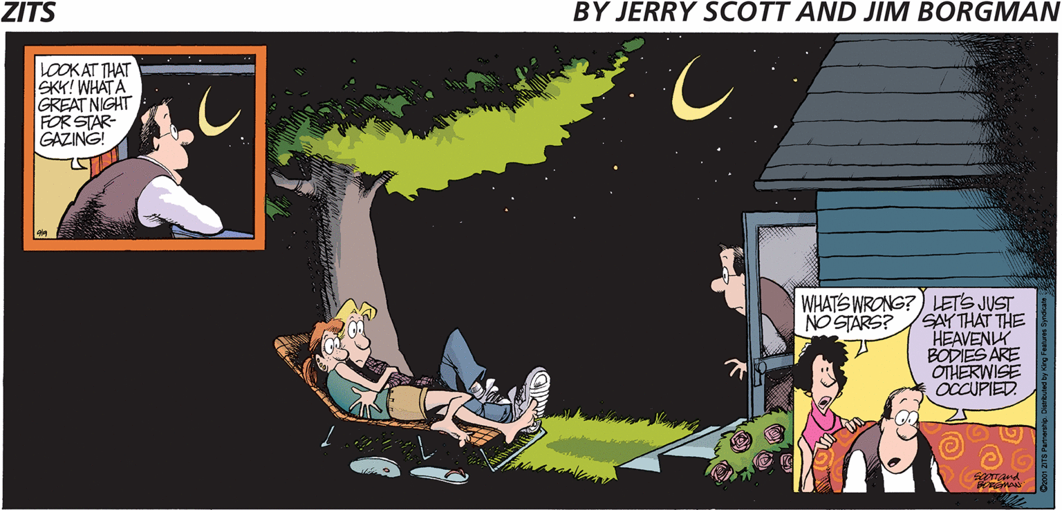 Illustration OCR: ZITS BY JERRY SCOTT AND JIM BORGMAN LOOK AT THAT SKK! WHATA GREAT NIGHT FOR STAR- GAZING! WHATS WRONG?) LETS JUST SAY THAT THE HEAVENLY BODIES ARE OTHERWISE OCUPIED. NO STARS? Tand ZITS BY JERRY SCOTT AND JIM BORGMAN LOOK AT THAT SKK! WHATA GREAT NIGHT FOR STAR- GAZING! WHATS WRONG?) LETS JUST SAY THAT THE HEAVENLY BODIES ARE OTHERWISE OCUPIED. NO STARS? Tand