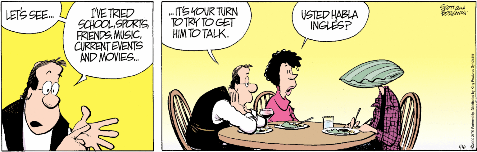 Tableware OCR: .IT'S YOUR TURN TO TRY TO GET HIM TO TALK. LETS SEE. I'VE TRIED SCHOOL SPORTSCURRENT EVENTS AND MOVIES. USTED HABLA INGLÉS? .IT'S YOUR TURN TO TRY TO GET HIM TO TALK. LETS SEE. I'VE TRIED SCHOOL SPORTSCURRENT EVENTS AND MOVIES. USTED HABLA INGLÉS?