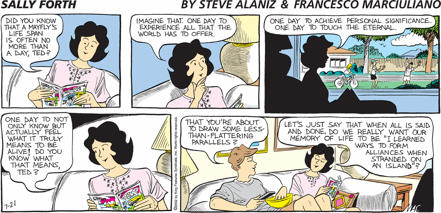 Publication OCR: SALLY FORTH DID YOU KNOW THAT A MAYFLY's "LIFE SPAN No IMAGINE THATONE DAY TO EXPERIENCE ALL THAT THE WORLD HAS TO OFFER. ONE DAY TO ACHIEVE PERSONAL SIGNIFICANCE. ONE DAY TO TOUCH THE ETERNAL by Francesco Marciuliano.an Steve Alaniz THAN A DAYTED? WHAT DO YOU WANT TO DO TODAYTED? THISBUT MAYBE WITH SOME ICED TEA ONE DAY TO NOT ONLY KNOW BUT ACTUALLY FEEL WHAT IT TRULY THAT YOU'RE ABOUT DRAW SOME LESS- THAN-FLATTERING PARALLELS ? LET'S JUST SAY THAT WHEN ALL IS SAID AND DONEDO WE REALLY WANT OUR MEMORY OF LIFE TO BE "I LEARNED WAYS TO FORM ALLIANCES WHEN STRANDED ON AN ISLAND" ALIVE! DO YOU KNOW WHAT THAT MEANSTED? SALLY FORTH DID YOU KNOW THAT A MAYFLY's "LIFE SPAN No IMAGINE THATONE DAY TO EXPERIENCE ALL THAT THE WORLD HAS TO OFFER. ONE DAY TO ACHIEVE PERSONAL SIGNIFICANCE. ONE DAY TO TOUCH THE ETERNAL by Francesco Marciuliano.an Steve Alaniz THAN A DAYTED? WHAT DO YOU WANT TO DO TODAYTED? THISBUT MAYBE WITH SOME ICED TEA ONE DAY TO NOT ONLY KNOW BUT ACTUALLY FEEL WHAT IT TRULY THAT YOU'RE ABOUT DRAW SOME LESS- THAN-FLATTERING PARALLELS ? LET'S JUST SAY THAT WHEN ALL IS SAID AND DONEDO WE REALLY WANT OUR MEMORY OF LIFE TO BE "I LEARNED WAYS TO FORM ALLIANCES WHEN STRANDED ON AN ISLAND" ALIVE! DO YOU KNOW WHAT THAT MEANS