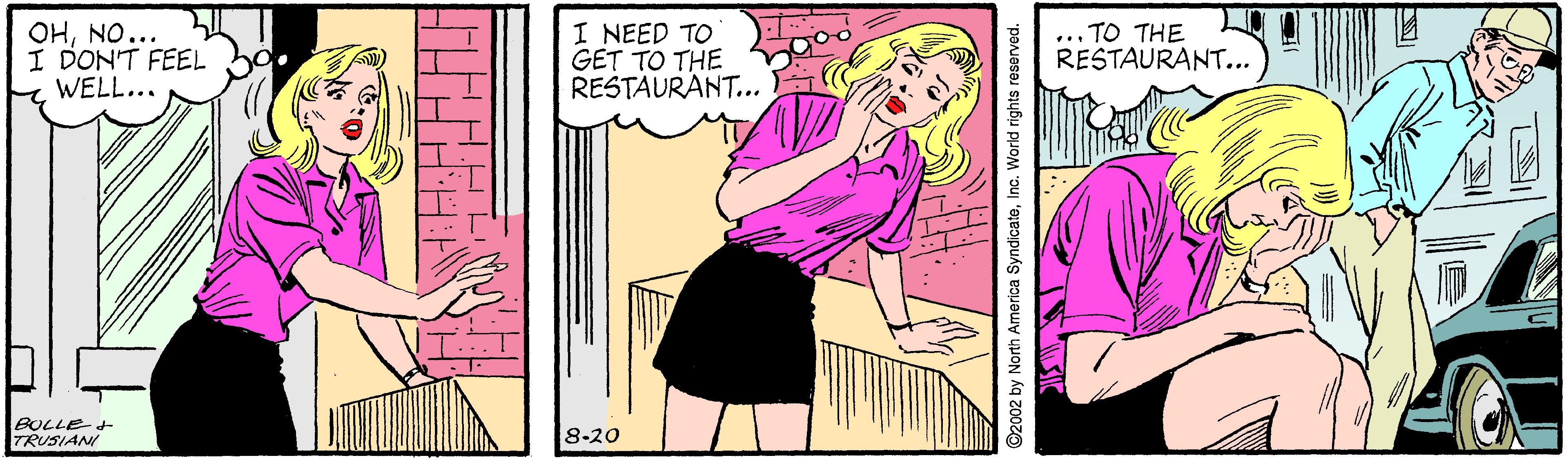 Comic book OCR: OHNO... I DON'T FEEL WELL... I NEED TO GET TO THE RESTAURANT... ... TO THE RESTAURANT... BOLLE TRUSIANI 8-20 OHNO... I DON'T FEEL WELL... I NEED TO GET TO THE RESTAURANT... ... TO THE RESTAURANT... BOLLE TRUSIANI 8-20