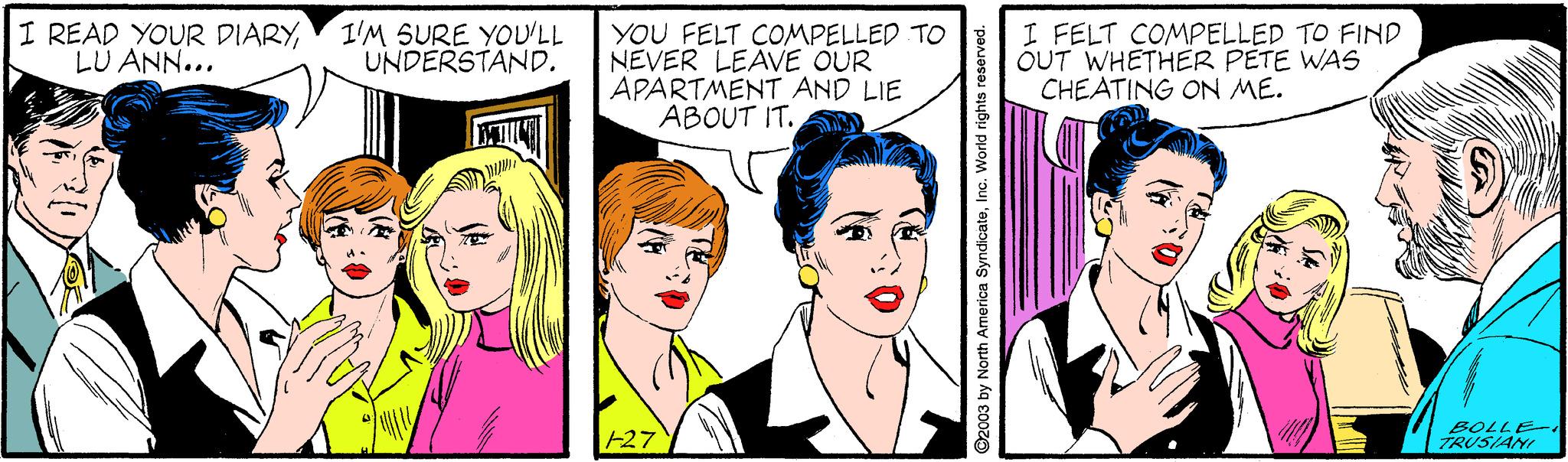 Cartoon OCR: I READ YOUR DIARYLÜ ANN... YOU FELT COMPELLED TO NEVER LEAVE OUR APARTMENT AND LIE ABOUT IT. I FELT COMPELLED TO FIND OUT WHETHER PÉTE WAS CHEATING ON ME. 1'M SURE YOU'LL UNDERSTAND. BOLLE- TRUSIANI I READ YOUR DIARYLÜ ANN... YOU FELT COMPELLED TO NEVER LEAVE OUR APARTMENT AND LIE ABOUT IT. I FELT COMPELLED TO FIND OUT WHETHER PÉTE WAS CHEATING ON ME. 1'M SURE YOU'LL UNDERSTAND. BOLLE- TRUSIANI