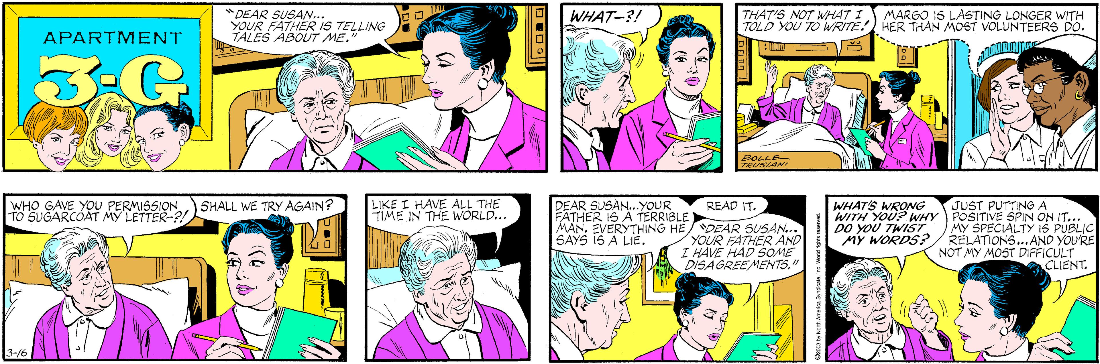 Sharing OCR: "DEAR SUSAN... YOUR FATHER IS TELLING TALES ABOUT ME." WHAT-?! APARTMENT 3-G MARGO 1S LASTING LONGER WITH THAT'S NOT WHAT I TOLD YOU TO WRITE! HER THAN MOST VOLUNTEERS DO. WHO GAVE YOU PERMISSION TO SUGARCÓÀT M? LETTER-?! SHALL WE TRY AGAIN? 37705 TRUSIANr 3-/6 JUST PUTTING A POSITIVE SPIN ON IT... MY SPECIALTY IS PUBLIC RELATIONS...AND YOU'RE NOT MY MOST DIFFICULT LIKE I HAVE ALL THE TIME IN THE WORLD... DEAR SUSAN..YOUR FATHER IS A TERRIBLE MAN. EVERYTHING HE/DEAR SUSAN... SAYS 1S A LIE. WHAT'S WRONG WITH YOU? WHY DO YOU TWIST MY WORDS? READ IT. YOUR FATHER AND I HAVE HAD SOME DISAGREE MENTS" CLIENT. DRUO|| "DEAR SUSAN... YOUR FATHER IS TELLING TALES ABOUT ME." WHAT-?! APARTMENT 3-G MARGO 1S LASTING LONGER WITH THAT'S NOT WHAT I TOLD YOU TO WRITE! HER THAN MOST VOLUNTEERS DO. WHO GAVE YOU PERMISSION TO SUGARCÓÀT M? LETTER-?! SHALL WE TRY AGAIN? 37705 TRUSIANr 3-/6 JUST PUTTING A POSITIVE SPIN ON IT... MY SPECIALTY IS PUBLIC RELATIONS...AND YOU'RE NOT MY MOST DIFFICULT LIKE I HAVE ALL THE TIME IN THE WORLD... DEAR SUSAN..YOUR FATHER IS A TERRIBLE MAN. EVERYTHING HE/DEAR SUSAN... SAYS 1S A LIE. WHAT'S WRONG WITH YOU? WHY DO YOU TWIST MY WORDS? READ IT. YOUR FATHER AND I HAVE HAD SOME DISAGREE MENTS" CLIENT. DRUO||