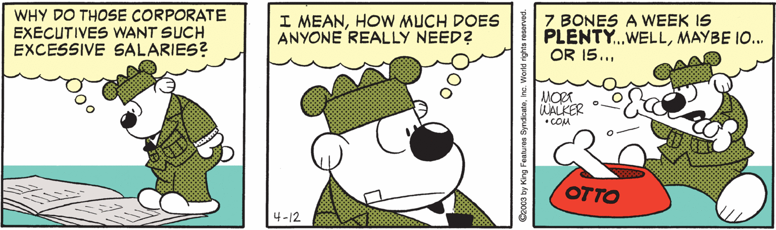 Cartoon OCR: WHY DO THOSE CORPORATE EXECUTIVES WANT SUCH EXCESSIVE SALARIES? I MEANHOW MUCH DOES ANYONE REALLY NEED? 7 BONES A WEEK IS PLENTY.WELLMAYBE 10.. OR 15..MORA WALKER • COM OTTO 4-12 C2003 by King Features SyndicateInc. World rights reserved. WHY DO THOSE CORPORATE EXECUTIVES WANT SUCH EXCESSIVE SALARIES? I MEANHOW MUCH DOES ANYONE REALLY NEED? 7 BONES A WEEK IS PLENTY.WELLMAYBE 10.. OR 15..MORA WALKER • COM OTTO 4-12 C2003 by King Features SyndicateInc. World rights reserved.