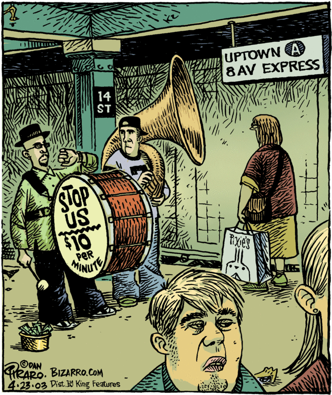 Drawing OCR: UPTOWN A 8 AV EXPRESS 14 ST SIOP US $10 PER MINUT OOAN HRARO. BIZARRO.COM 4.23.03 DistW King Features UPTOWN A 8 AV EXPRESS 14 ST SIOP US $10 PER MINUT OOAN HRARO. BIZARRO.COM 4.23.03 DistW King Features