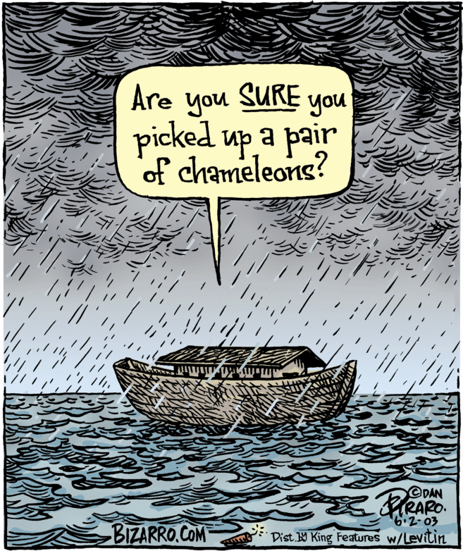 Drawing OCR: Are SURE you you picked up a pair of chameleons? ?a DAN BreARO. 6.2-03 BIZARRO.COM Dist.W King Features w/Levitin Are SURE you you picked up a pair of chameleons? ? a DAN BreARO. 6.2-03 BIZARRO.COM Dist.W King Features w/Levitin