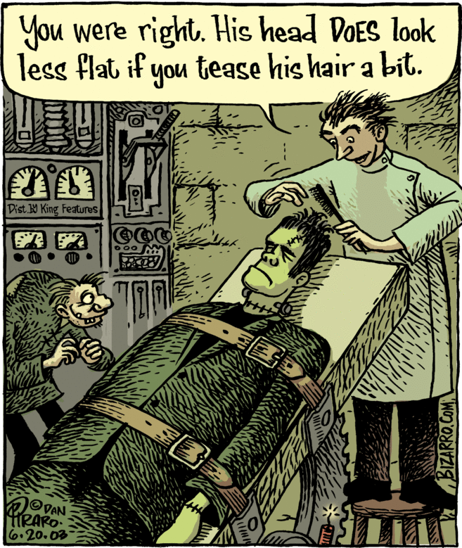 Comics OCR: You were right. His head DOES look less flat if tease his hair a bit. you Dist. W King Features ? HRARO. 6.20.03 BIZARRO.COM ar You were right. His head DOES look less flat if tease his hair a bit. you Dist. W King Features ? HRARO. 6.20.03 BIZARRO.COM ar