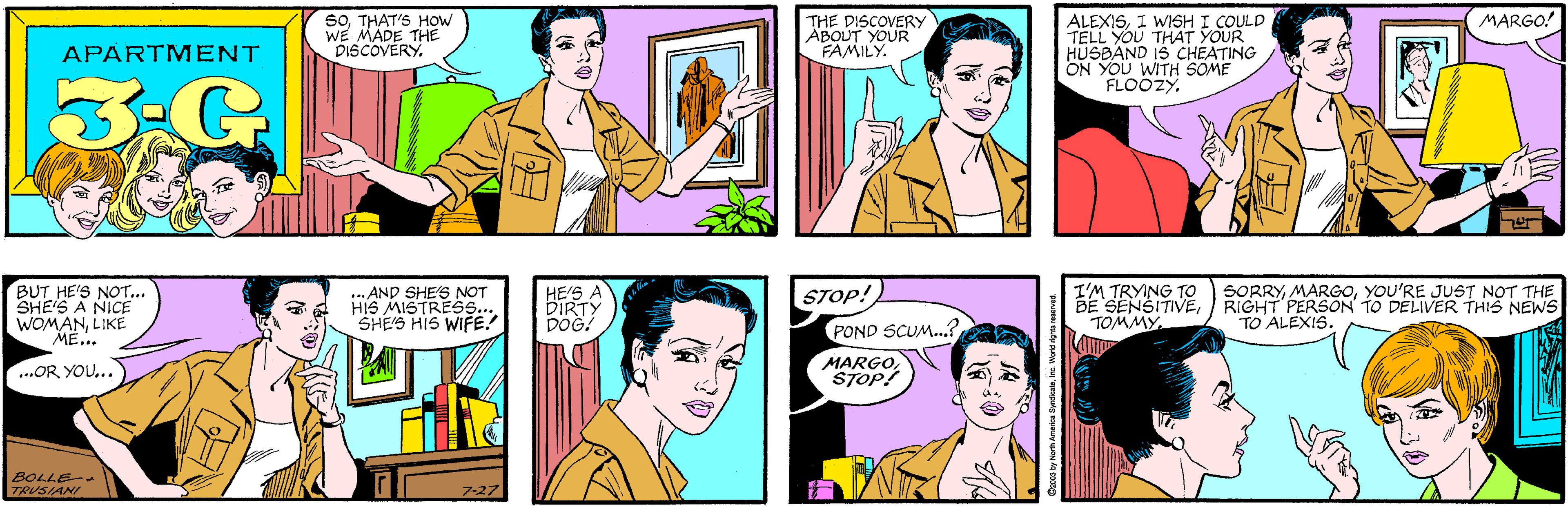 Interaction OCR: 50THAT'S HOW WE MADE THE DISCOVERY. THE DISCOVERY ABOUT YOUR FAMILY. APARTMENT 3-G MARGO! ALEXISI WISH I COULD TELL YOU THAT YOUR HUSBAND IS CHEATING ON YOU WITH SOME FLOOZYBUT HE'S NOT... SHE'S A NICE WOMANLIKE ... AND SHE'S NOT HIS MISTRESS.. SHEIS HIS WIFE! ME... ...OR YOU... BOLLE- TRUSIANI ?-27 HE'S A DIRTY DOG! I'M TRYING TO BE SENSITIVETOMMY. SORRYYOU'RE JUST NOT THE RIGHT PERSON TO DELIVER THIS NEWS TO ALEXIS. STOP! POND SCUM..? MARGO STOP! 50THAT'S HOW WE MADE THE DISCOVERY. THE DISCOVERY ABOUT YOUR FAMILY. APARTMENT 3-G MARGO! ALEXISI WISH I COULD TELL YOU THAT YOUR HUSBAND IS CHEATING ON YOU WITH SOME FLOOZYBUT HE'S NOT... SHE'S A NICE WOMANLIKE ... AND SHE'S NOT HIS MISTRESS.. SHEIS HIS WIFE! ME... ...OR YOU... BOLLE- TRUSIANI ? -27 HE'S A DIRTY DOG! I'M TRYING TO BE SENSITIVETOMMY. SORRYYOU'RE JUST NOT THE RIGHT PERSON TO DELIVER THIS NEWS TO ALEXIS. STOP! POND SCUM..? MARGO STOP!