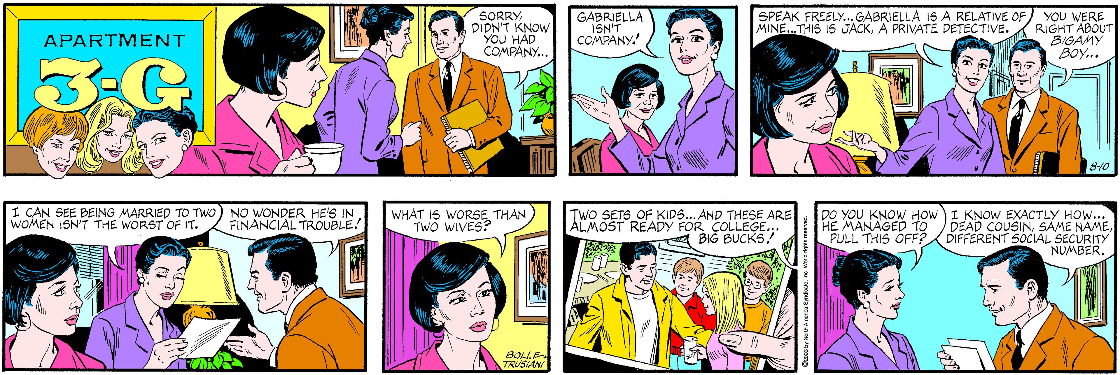 Human OCR: SORRYDIDN'T KNOW YOU HAD COMPANY... GABRIELLA 1SN'T COMPANY. APARTMENT 3-G SPEAK FREELY... GABRIELLA 16 A RELATIVE OF MINE...THIS IS JACKA PRIVATE DETECTIVE. I CAN SEE BEING MARRIED TO TWO WOMEN ISN'T THE WORST OF IT. NO WONDER HE'S IN FINANCIAL TROUBLE! YOU WERE RIGHT ÄBOUT BIGAMY BOy... 8-10 WHAT IS WORSE THAN TWO WIVES? TWO SETS OF KIDS... AND THESE ARE ÁLMOST READY FOR COLLEGE... BIG BUCKS! DO YOU KNOWW HOW HE MANAGED PULL THIS OFF? I KNOW EXACTLY HOW... DEAD COUSINDIFFERENT 5OCIAL SECURITY NUMBER. BOLLE TRUSIANI Cr003 by North America SyndicatoIna. Worid rights res SORRYDIDN'T KNOW YOU HAD COMPANY... GABRIELLA 1SN'T COMPANY. APARTMENT 3-G SPEAK FREELY... GABRIELLA 16 A RELATIVE OF MINE...THIS IS JACKA PRIVATE DETECTIVE. I CAN SEE BEING MARRIED TO TWO WOMEN ISN'T THE WORST OF IT. NO WONDER HE'S IN FINANCIAL TROUBLE! YOU WERE RIGHT ÄBOUT BIGAMY BOy... 8-10 WHAT IS WORSE THAN TWO WIVES? TWO SETS OF KIDS... AND THESE ARE ÁLMOST READY FOR COLLEGE... BIG BUCKS! DO YOU KNOWW HOW HE MANAGED PULL THIS OFF? I KNOW EXACTLY HOW... DEAD COUSINSAME NAMEDIFFERENT 5OCIAL SECURITY NUMBER. BOLLE TRUSIANI Cr003 by North America SyndicatoIna. Worid rights res
