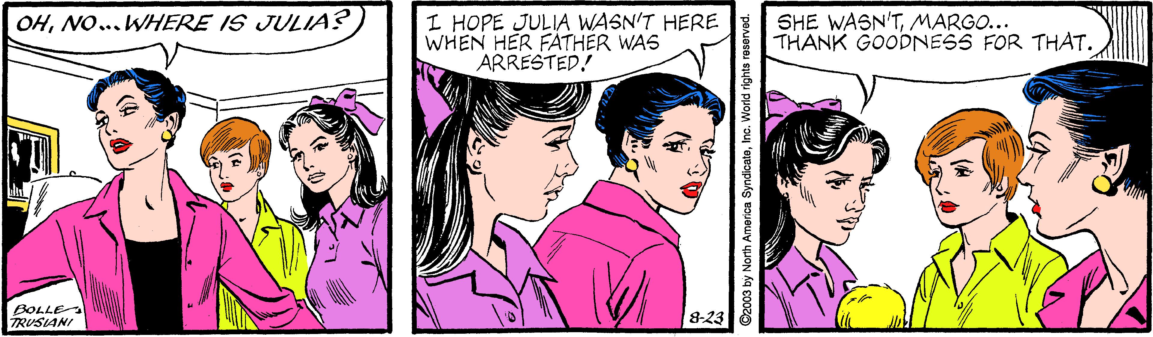 Cartoon OCR: I HOPE JULIA WASN'T HERE WHEN HER FÁTHER WAS ARRESTED! SHE WASN'TMARGO... THANK GOODNESS FOR THAT. OHNO...WHERE IS JULIA? BOLLE TRUSIANI 8-23 North America SyndicateInc. World rights i I HOPE JULIA WASN'T HERE WHEN HER FÁTHER WAS ARRESTED! SHE WASN'TMARGO... THANK GOODNESS FOR THAT. OHNO...WHERE IS JULIA? BOLLE TRUSIANI 8-23 North America SyndicateInc. World rights i