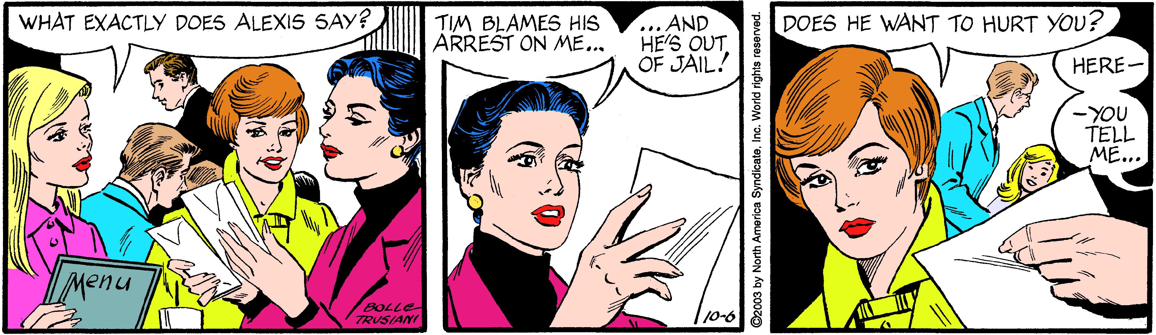 Mouth OCR: WHAT EXACTLY DOES ALEXIS SAY? DOES HE WANT TO HURT YOU? TIM BLAMES HIS ARREST ON ME... ... AND HE'S OUT OF JAIL! HERE- -YOU TELL ME... Menu TRUSIANI 27708 110-6 2003 by North America SyndicateInc. World rights reserved. WHAT EXACTLY DOES ALEXIS SAY? DOES HE WANT TO HURT YOU? TIM BLAMES HIS ARREST ON ME... ... AND HE'S OUT OF JAIL! HERE- -YOU TELL ME... Menu TRUSIANI 27708 110-6 2003 by North America SyndicateInc. World rights reserved.