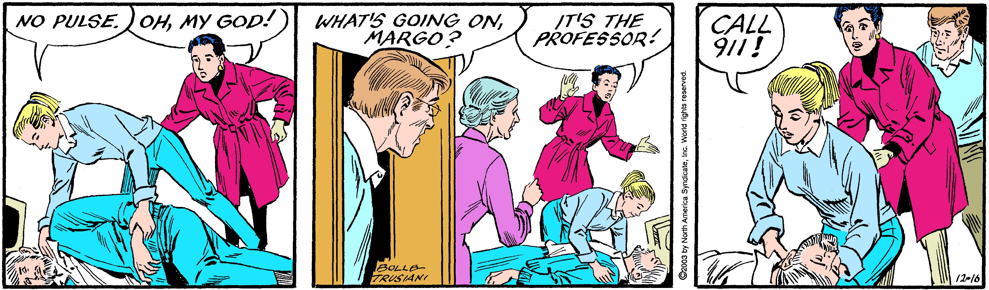 Illustration OCR: NO PULSE.)OHMY GOD! WHAT'S GOING ONMARGO? /T'S THE PROFESSOR? CALL 911! BOLLE TRUSIAN 12-16 NO PULSE.)OHMY GOD! WHAT'S GOING ONMARGO? /T'S THE PROFESSOR? CALL 911! BOLLE TRUSIAN 12-16