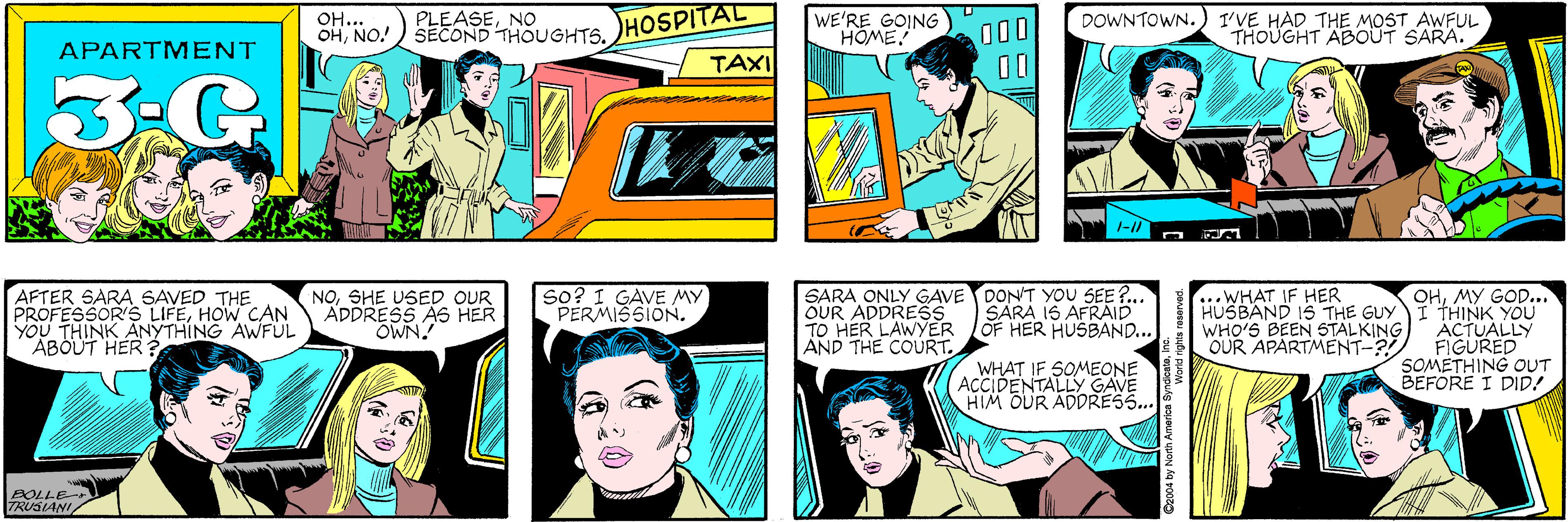 Comic book OCR: OH... OHNO! PLEASENo SECOND THOUGHTS. WE'RE GOING HÖME! 00D 00 HOSPITAL APARTMENT TAXI 3:G AFTER SARA SAVED THE PROFESSOR'S LIFEHOW CAN YOU THINK ANYTHING AWFUL ABOUT HER? I'VE HAD THE MOST AWFUL THOUGHT ABOUT SARA. DOWNTOWN. NOSHE USED OUR ADDRESS AS HER OWN! BOLLE- TRUSIANI so? I GAVE MY PERMISSION. SARA ONLY GAVE DON'T YOU SEE?... OUR ADDRESS TO HER LAWYER AND THE COURT. ...WHAT IF HER OHMY GOD... HUSBAND 1S THE GUY I THINK YOU ACTUALLY FIGURED SOMETHING OUT BEFORE I DID! SARA 1S AFRAID OF HER HUSBAND... WHO'S BEEN STALKING OUR APARTMENT-?! WHAT IF SOMEONE ACCIDENTALLY GAVE HIM OUR ADDRESS... 02004 by North America Sy OH... OHNO! PLEASENo SECOND THOUGHTS. WE'RE GOING HÖME! 00D 00 HOSPITAL APARTMENT TAXI 3:G AFTER SARA SAVED THE PROFESSOR'S LIFEHOW CAN YOU THINK ANYTHING AWFUL ABOUT HER? I'VE HAD THE MOST AWFUL THOUGHT ABOUT SARA. DOWNTOWN. NOSHE USED OUR ADDRESS AS HER OWN! BOLLE- TRUSIANI so? I GAVE MY PERMISSION. SARA ONLY GAVE DON'T YOU SEE?... OUR ADDRESS TO HER LAWYER AND THE COURT. ...WHAT IF HER OHMY GOD... HUSBAND 1S THE GUY I THINK YOU ACTUALLY FIGURED SOMETHING OUT BEFORE I DID! SARA 1S AFRAID OF HER HUSBAND... WHO'S BEEN STALKING OUR APARTMENT-?! WHAT IF SOMEONE ACCIDENTALLY GAVE HIM OUR ADDRESS... 02004 by North America Sy