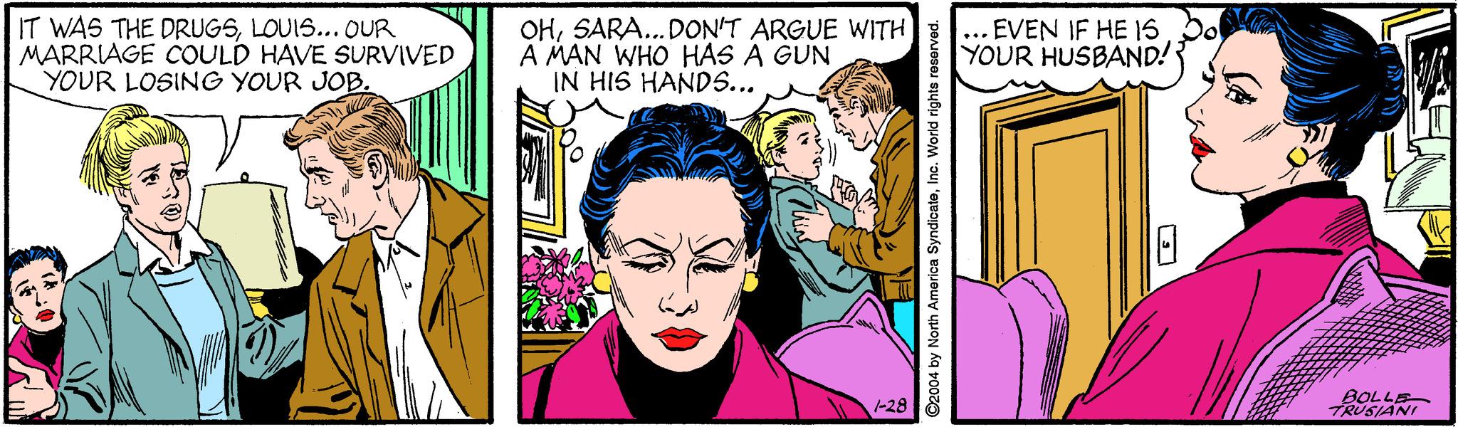 Organism OCR: IT WAS THE DRUGSLOUIS... OUR MARRIAGE COULD HAVE SURVIVED YOUR LOSING YOUR JOB. OHSARA... DON'T ARGUE WITH A MAN WHO HAS A GUN IN HIS HANDS... ... EVEN IF HE IS YOUR HUSBAND! 1-28 BOLLE TRUSIANI IT WAS THE DRUGSLOUIS... OUR MARRIAGE COULD HAVE SURVIVED YOUR LOSING YOUR JOB. OHSARA... DON'T ARGUE WITH A MAN WHO HAS A GUN IN HIS HANDS... ... EVEN IF HE IS YOUR HUSBAND! 1-28 BOLLE TRUSIANI