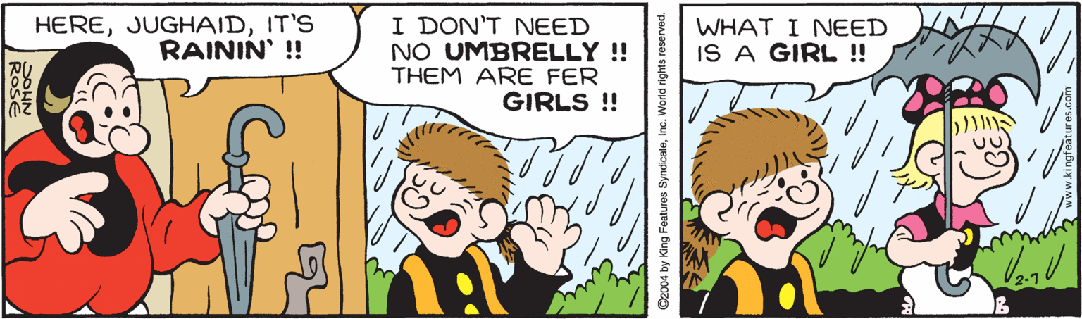 Gesture OCR: HEREIT'S RAININ' !! I DON'T NEED NO UMBRELLY! THEM ARE FER GIRLS !! WHAT I NEED IS A GIRL ! SOHN ©2004 by King Features SyndicateInc. World rights reserved. HEREIT'S RAININ' !! I DON'T NEED NO UMBRELLY! THEM ARE FER GIRLS !! WHAT I NEED IS A GIRL ! SOHN ©2004 by King Features SyndicateInc. World rights reserved.