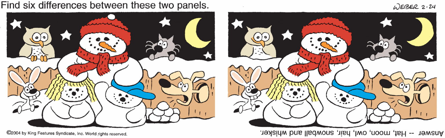 Fictional character OCR: Find six differences between these two panels. WEBER 2-24 C2004 by King Features SyndicateInc. World rights reserved. Answer -- Hatsnowball and whisker. Find six differences between these two panels. WEBER 2-24 C2004 by King Features SyndicateInc. World rights reserved. Answer -- Hatsnowball and whisker.