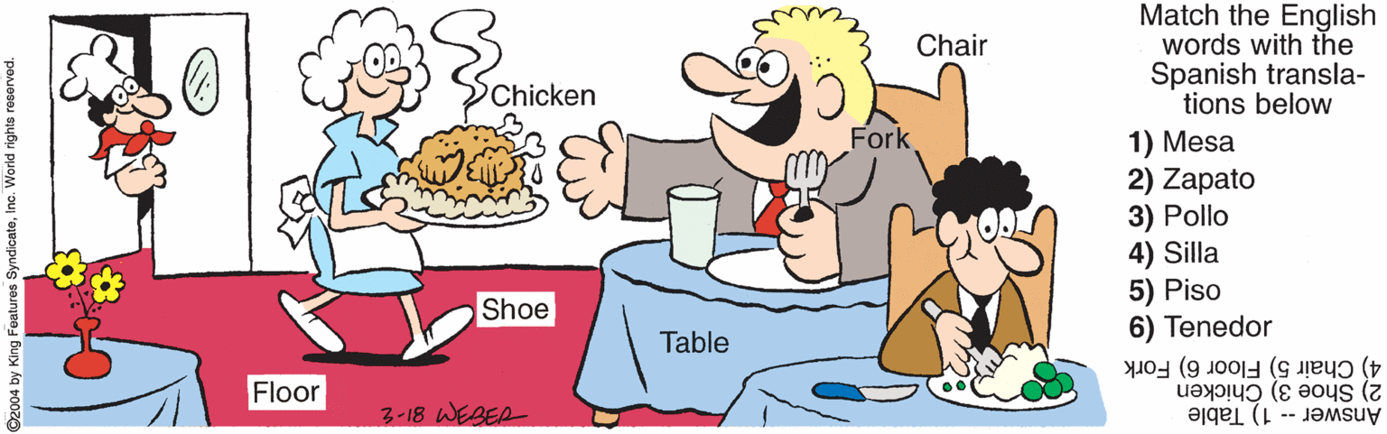 Animated cartoon OCR: Match the English words with the Spanish transla- tions below Chair Chicken Fork 1) Mesa 2) Zapato 3) Pollo 4) Silla 5) Piso 6) Tenedor Shoe Table 4) Chair 5) Floor 6) Fork Floor 3-18 WEBEA 2) Shoe 3) Chicken Answer -- 1) Table ©2004 by King Features SyndicateInc. World rights rocorved. Match the English words with the Spanish transla- tions below Chair Chicken Fork 1) Mesa 2) Zapato 3) Pollo 4) Silla 5) Piso 6) Tenedor Shoe Table 4) Chair 5) Floor 6) Fork Floor 3-18 WEBEA 2) Shoe 3) Chicken Answer -- 1) Table ©2004 by King Features SyndicateInc. World rights rocorved.
