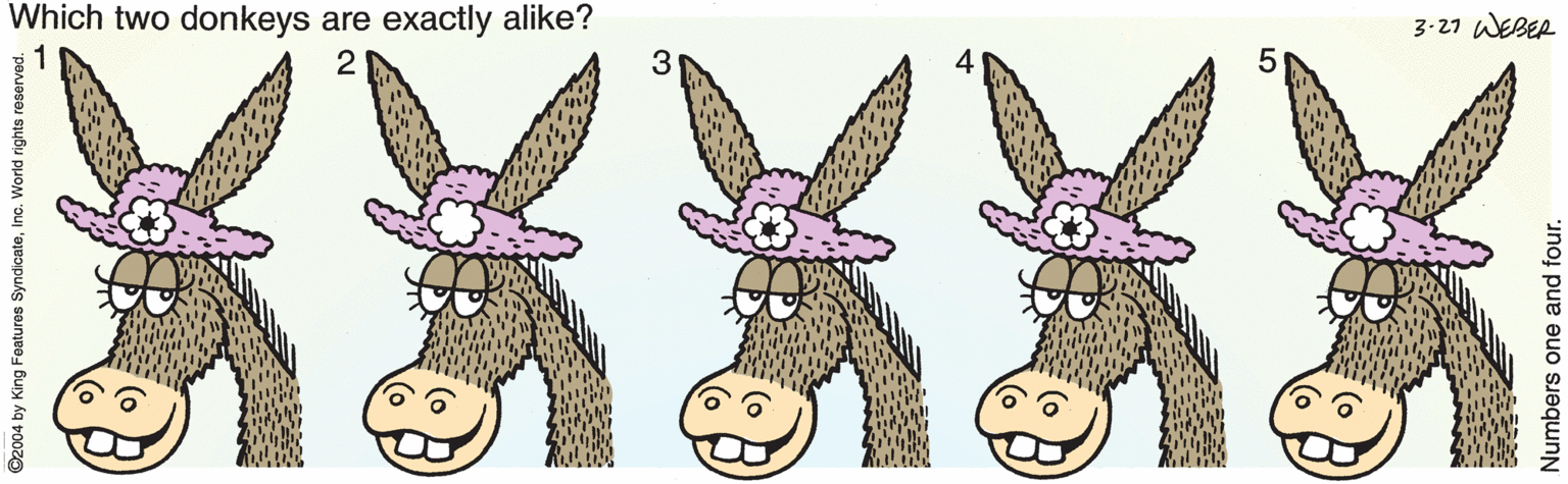 Fictional character OCR: Which two donkeys are exactly alike? 3-27 WEBER 2 ©2004 by King Foatures SyndicateInc. World rights reserved. Numbers one and four. Which two donkeys are exactly alike? 3-27 WEBER 2 ©2004 by King Foatures SyndicateInc. World rights reserved. Numbers one and four.