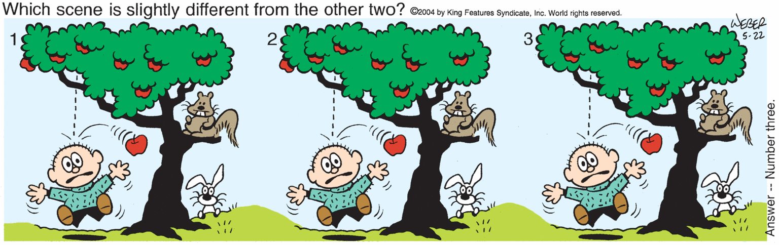 Animated cartoon OCR: Which scene is slightly different from the other two? ©2004 by King Features SyndicateInc. World rights reserved. WEGER 5- 22 2 Answer- Number three. Which scene is slightly different from the other two? ©2004 by King Features SyndicateInc. World rights reserved. WEGER 5- 22 2 Answer- Number three.