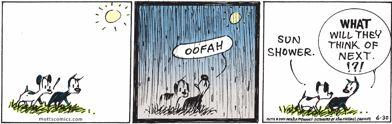 Graphic design OCR: WHAT WILL THEY THINK OF NEXT. !?! SUN OOFAH SHOWER. thutter muttscomics.com UTYI D2004 PekkmDOuell-DISTRPEDY KUS FEATRES SHOKM 6.30 WHAT WILL THEY THINK OF NEXT. !?! SUN OOFAH SHOWER. thutter muttscomics.com UTYI D2004 PekkmDOuell-DISTRPEDY KUS FEATRES SHOKM 6.30